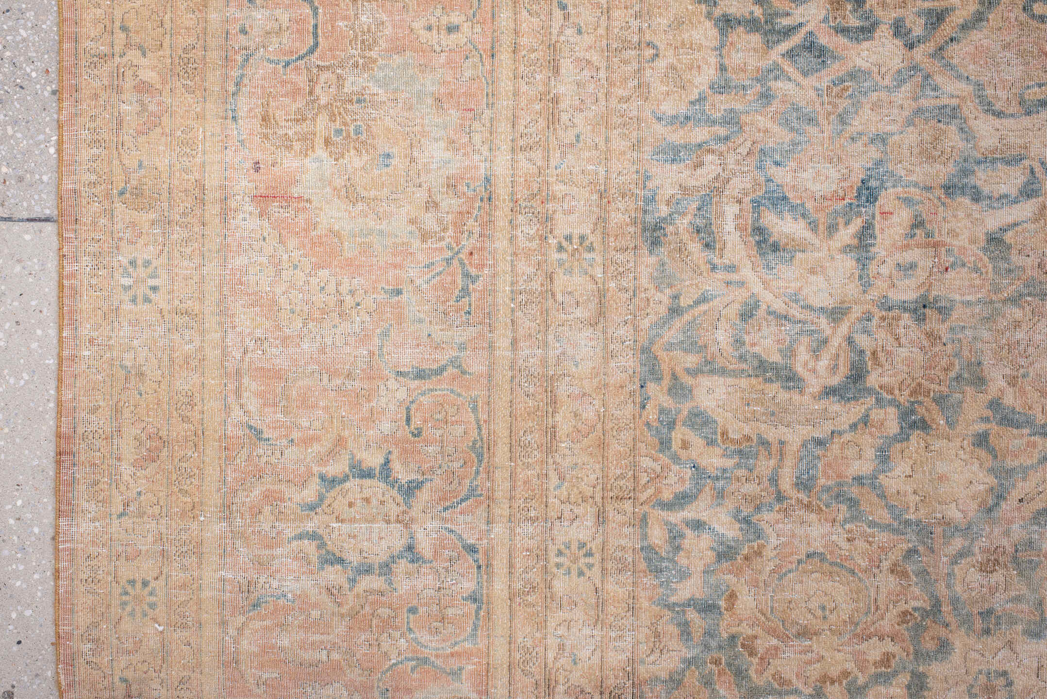 10' x 12' one-of-a-kind handmade antique Kashan large size rug. Color palette: blush, powder blue, ivory, taupe, beige, pink