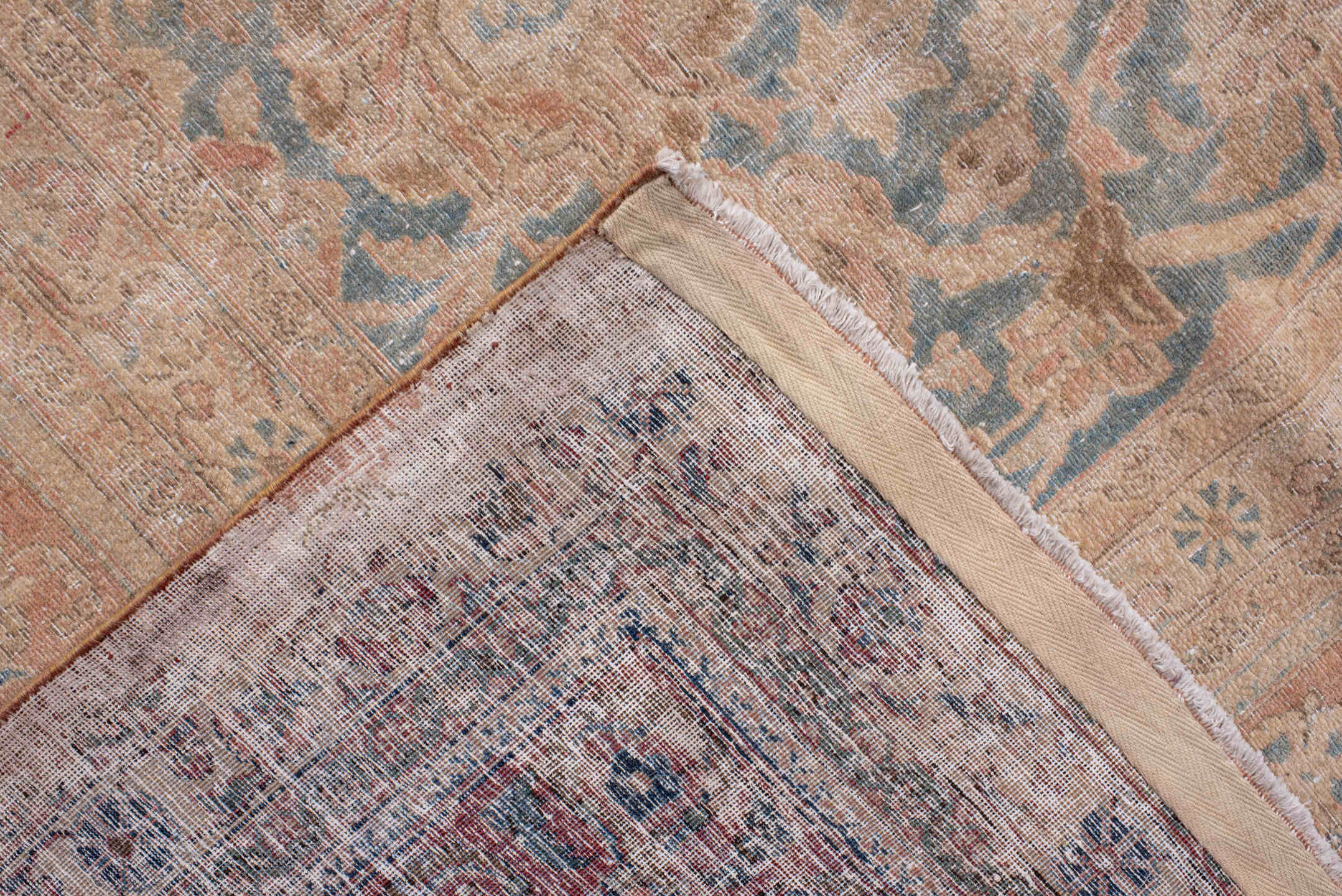 10' x 12' one-of-a-kind handmade antique Kashan large size rug. Color palette: blush, powder blue, ivory, taupe, beige, pink