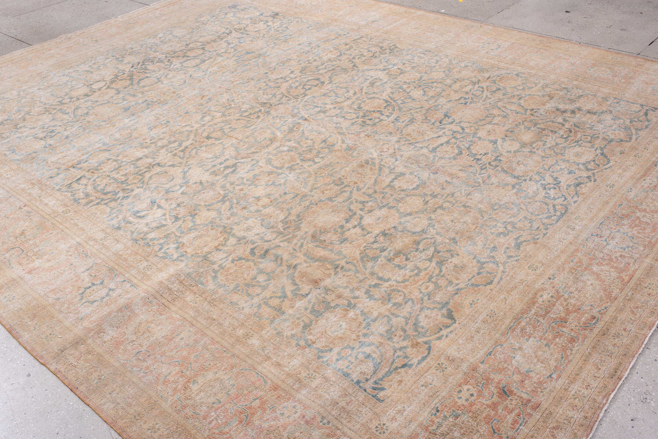 10' x 12' one-of-a-kind handmade antique Kashan large size rug. Color palette: blush, powder blue, ivory, taupe, beige, pink