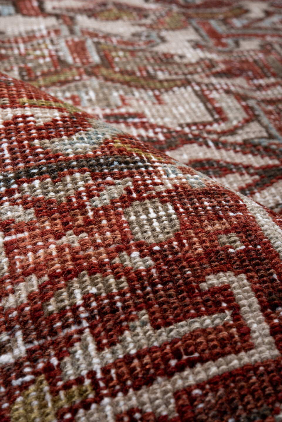 6' x 8' one-of-a-kind handmade antique Heriz rug. Color palette: ivory, rust, brick, sky blue, olive, taupe, brown, charcoal