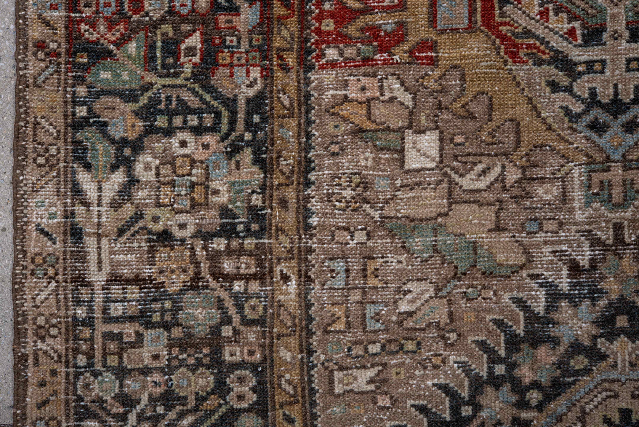 7' x 10' one-of-a-kind handmade antique Karaje large size rug. Color palette: taupe, brown, ivory, rust, slate, pale_blue