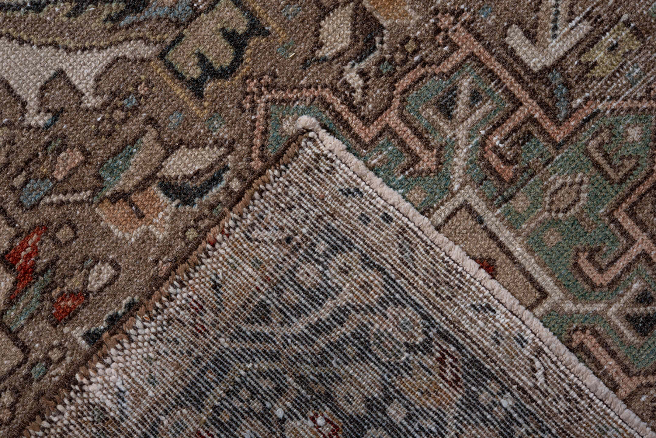 7' x 10' one-of-a-kind handmade antique Karaje large size rug. Color palette: taupe, brown, ivory, rust, slate, pale_blue