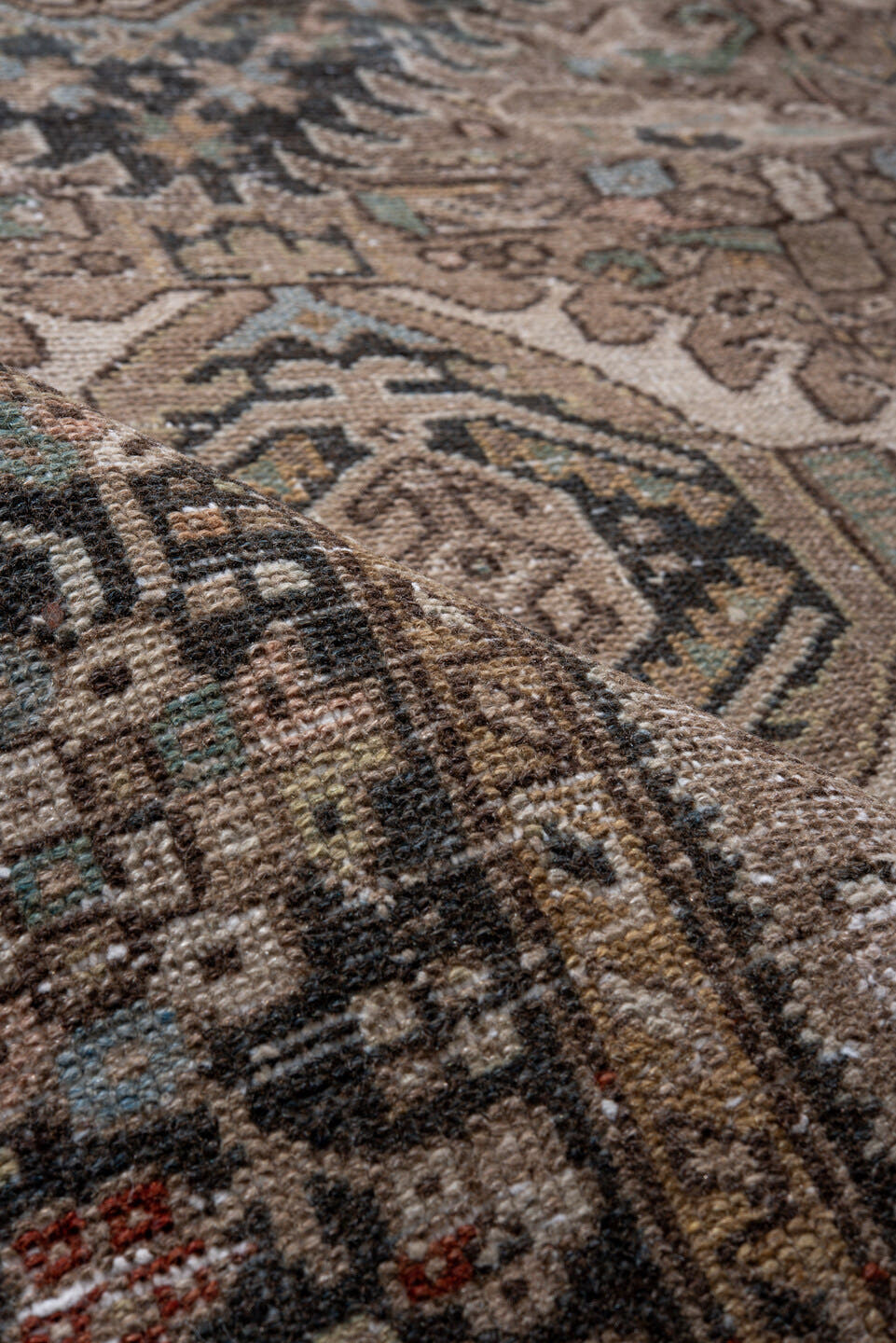 7' x 10' one-of-a-kind handmade antique Karaje large size rug. Color palette: taupe, brown, ivory, rust, slate, pale_blue