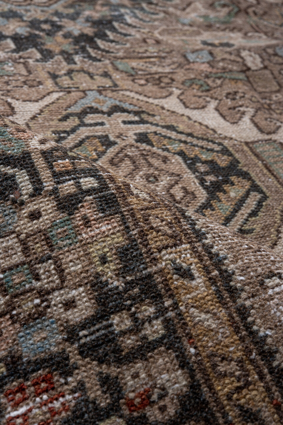 7' x 10' one-of-a-kind handmade antique Karaje large size rug. Color palette: taupe, brown, ivory, rust, slate, pale_blue
