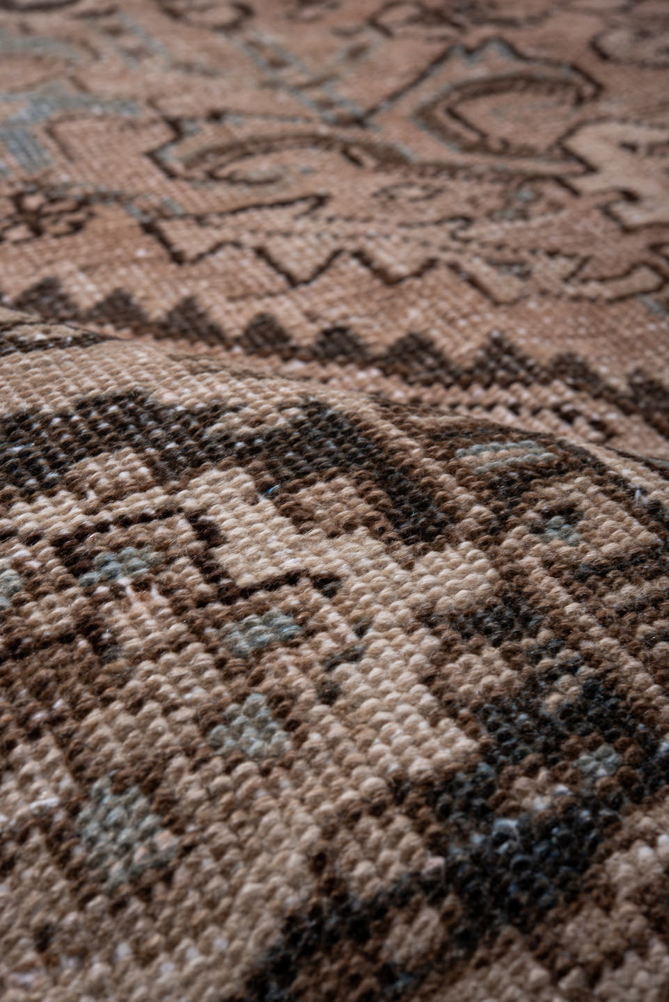 9' x 12' one-of-a-kind handmade antique Heriz large size rug. Color palette: ivory, camel, charcoal, taupe, pale blue, brown
