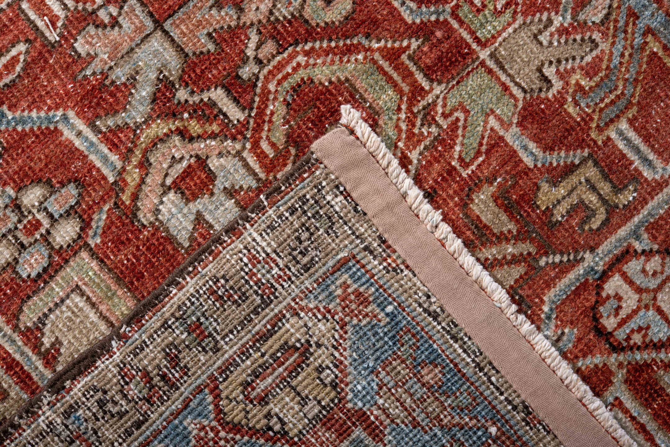 7' x 10' one-of-a-kind handmade vintage Heriz large size rug. Color palette: rust, sky blue, ivory, taupe, sage, burgundy