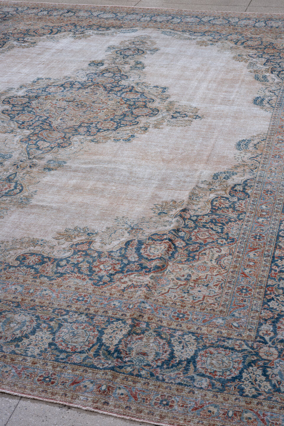 10' x 14' one-of-a-kind handmade antique Kashan large size rug. Color palette: ivory, blue, sky blue, blush, taupe, camel