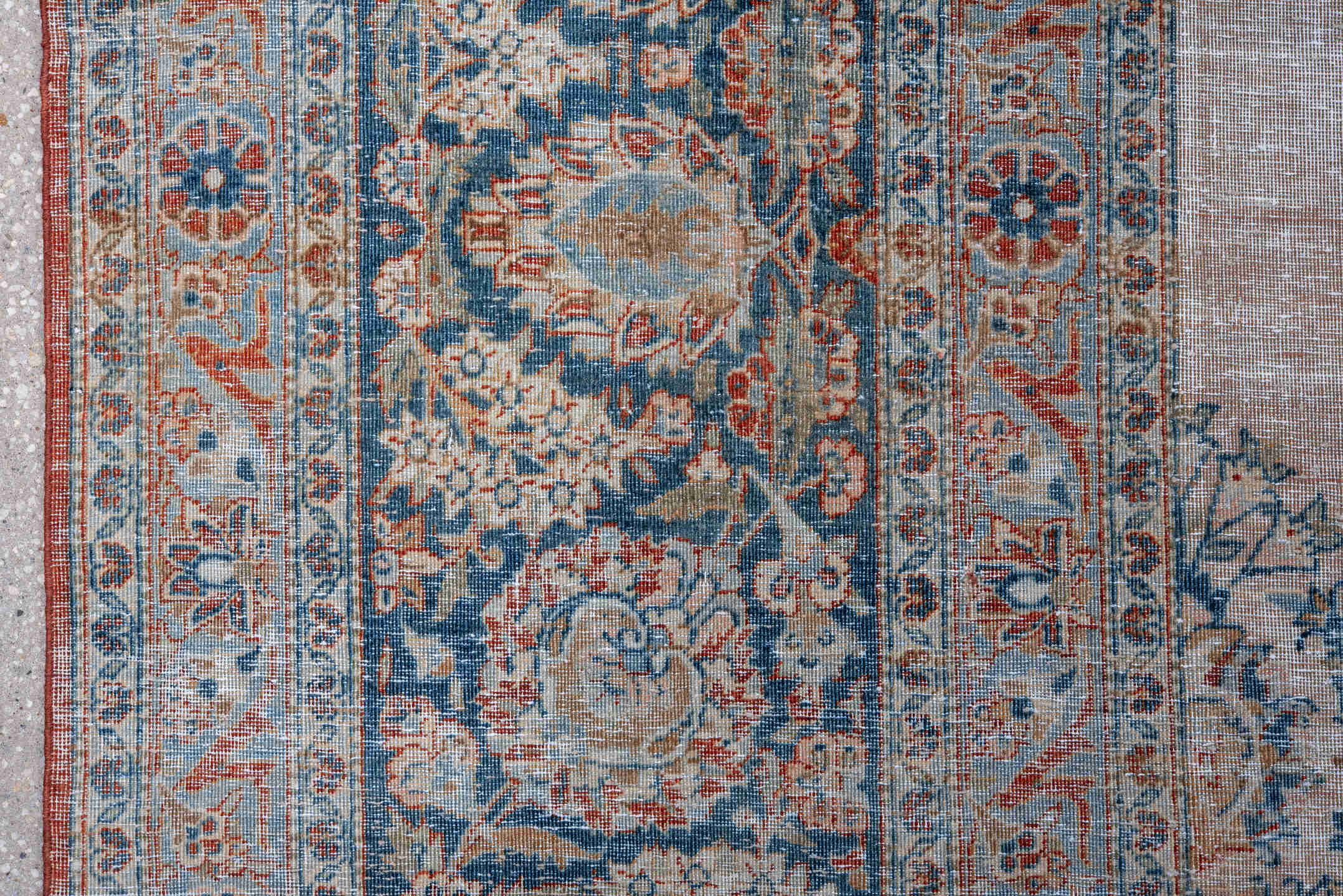 10' x 14' one-of-a-kind handmade antique Kashan large size rug. Color palette: ivory, blue, sky blue, blush, taupe, camel
