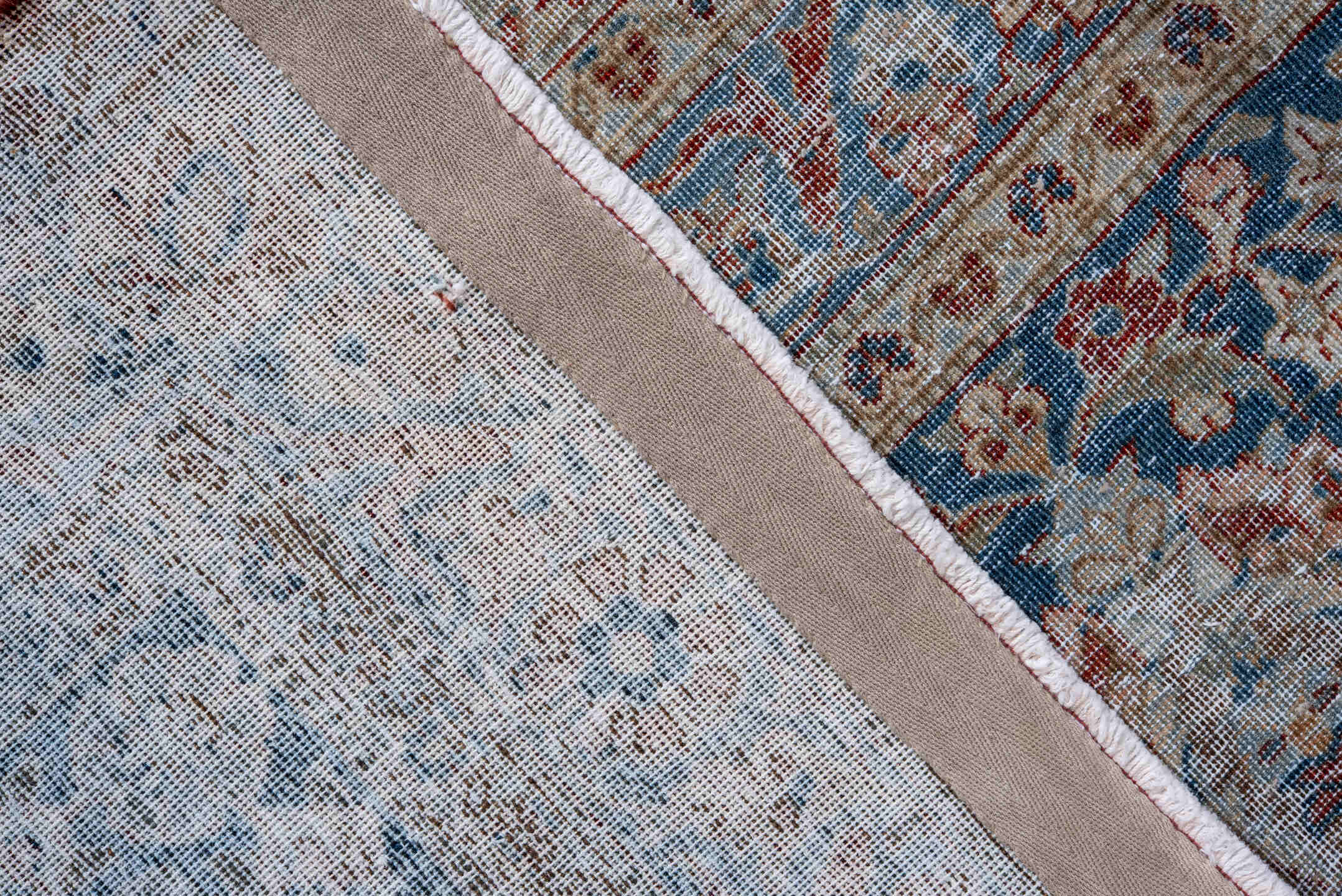 10' x 14' one-of-a-kind handmade antique Kashan large size rug. Color palette: ivory, blue, sky blue, blush, taupe, camel