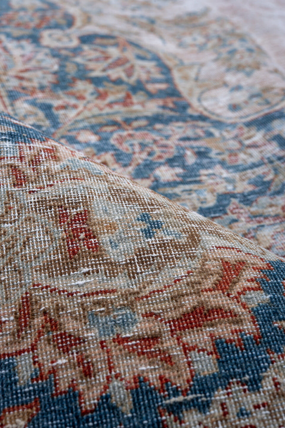 10' x 14' one-of-a-kind handmade antique Kashan large size rug. Color palette: ivory, blue, sky blue, blush, taupe, camel