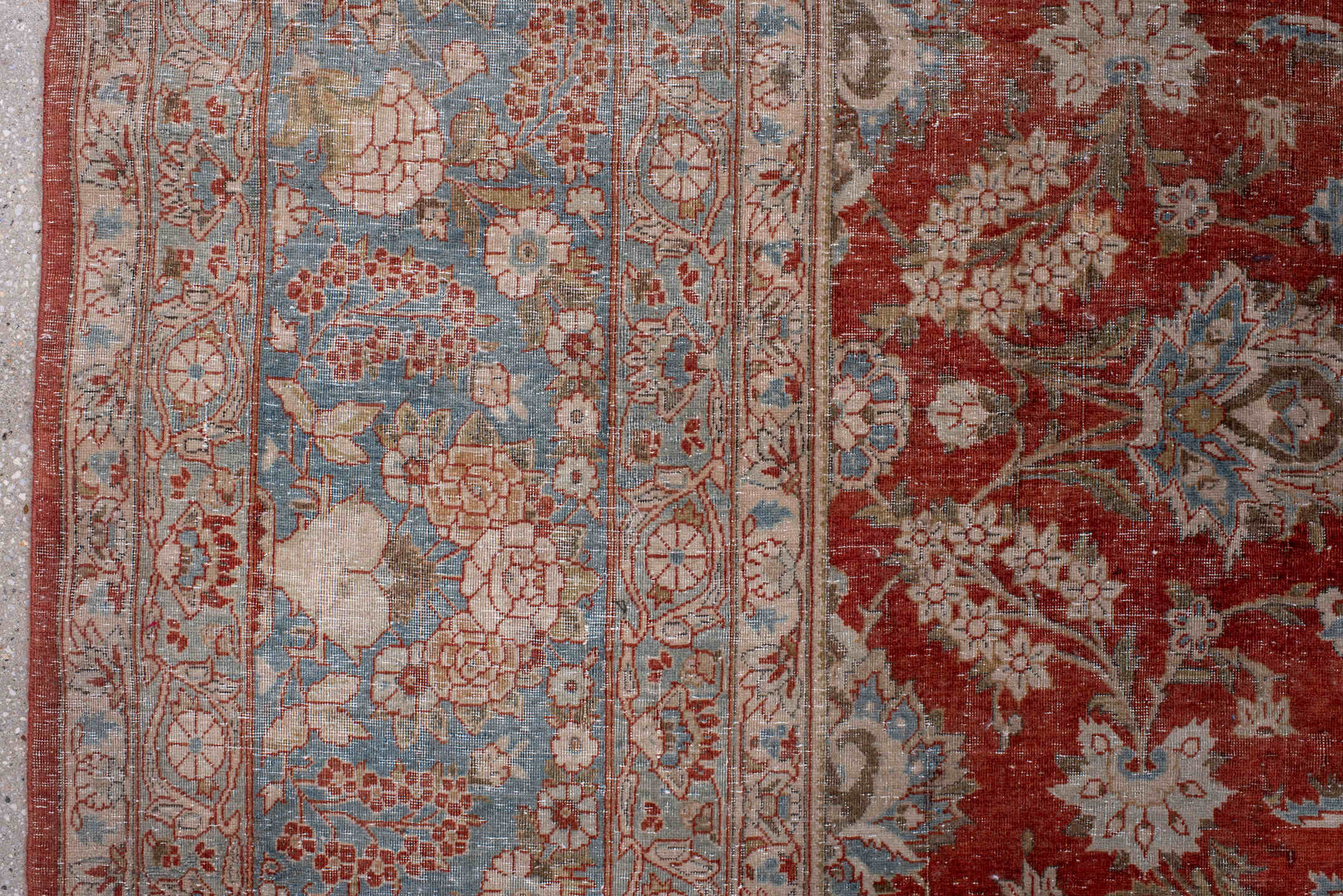 10' x 17' one-of-a-kind handmade antique Kashan rug. Color palette: rust, light blue, ivory, terra cotta, beige, taupe