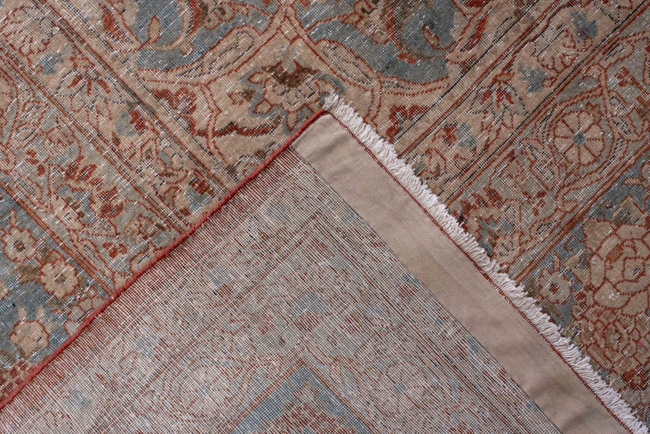 10' x 17' one-of-a-kind handmade antique Kashan rug. Color palette: rust, light blue, ivory, terra cotta, beige, taupe