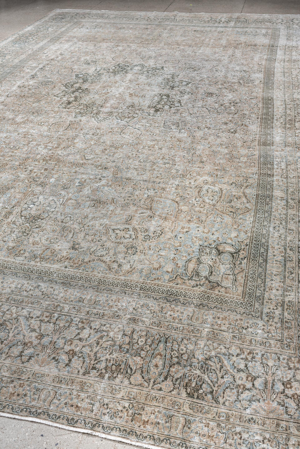 10' x 16' one-of-a-kind handmade antique Khorassan oversize rug. Color palette: ivory, taupe, blue gray, slate, beige, camel