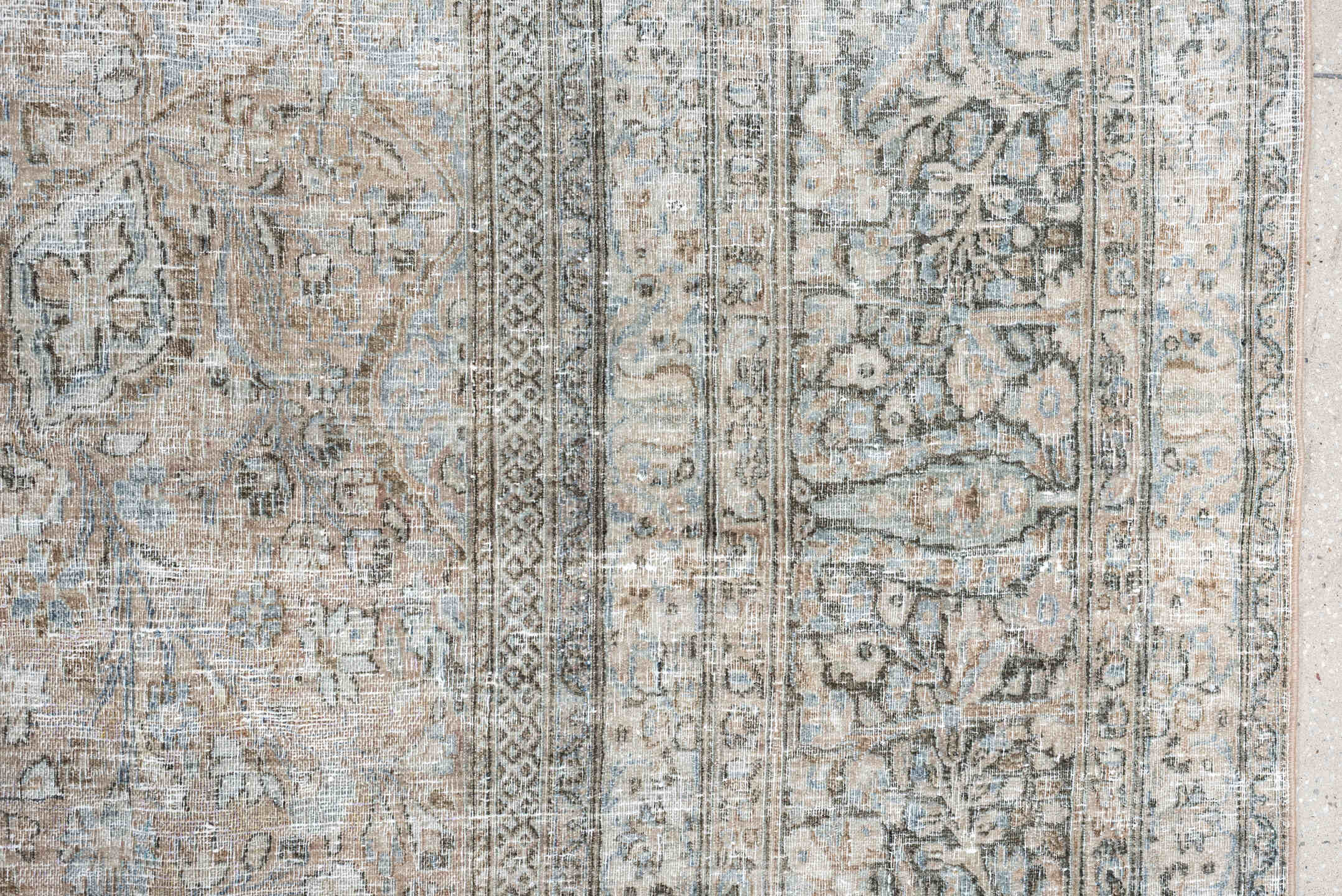 10' x 16' one-of-a-kind handmade antique Khorassan oversize rug. Color palette: ivory, taupe, blue gray, slate, beige, camel