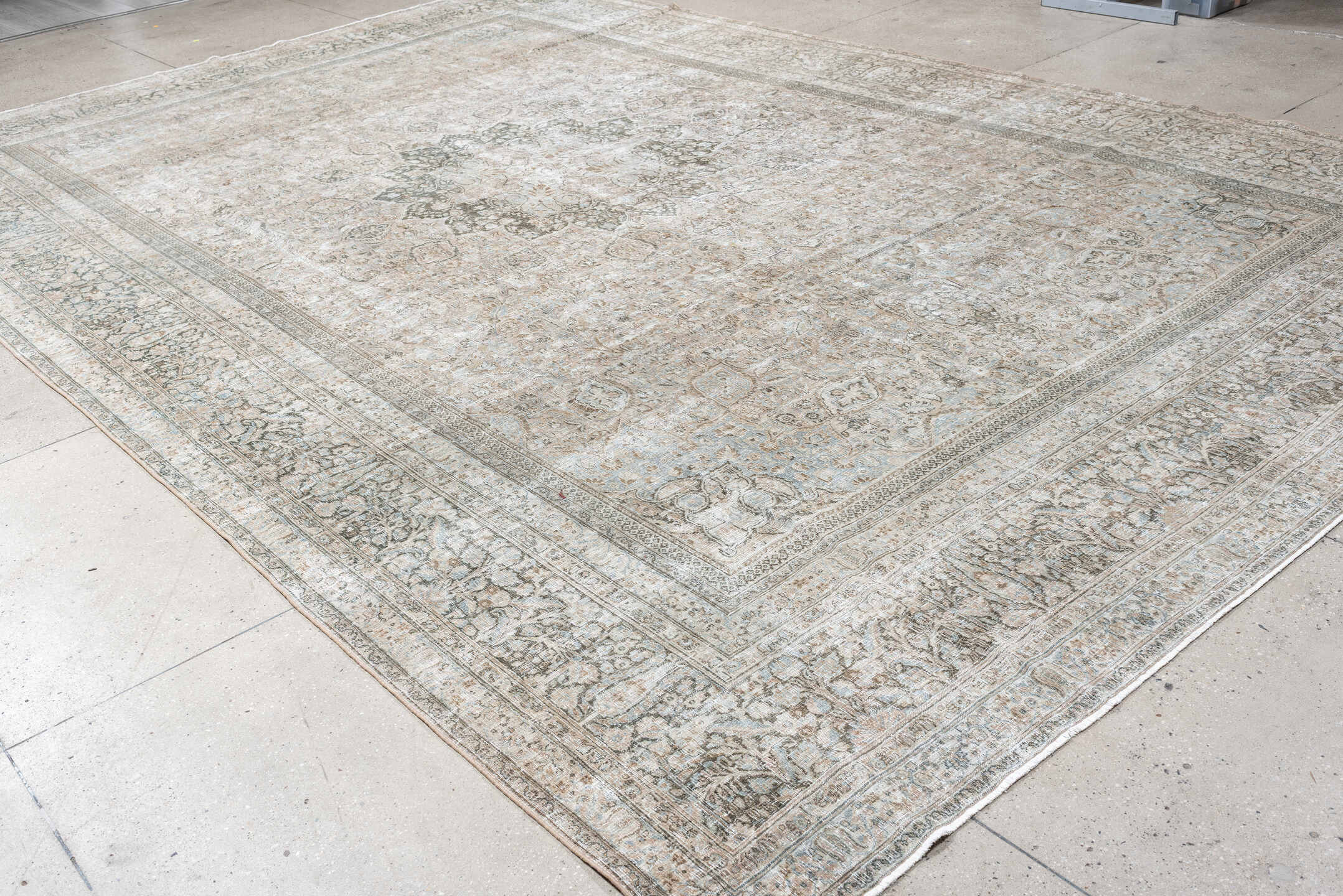 10' x 16' one-of-a-kind handmade antique Khorassan oversize rug. Color palette: ivory, taupe, blue gray, slate, beige, camel