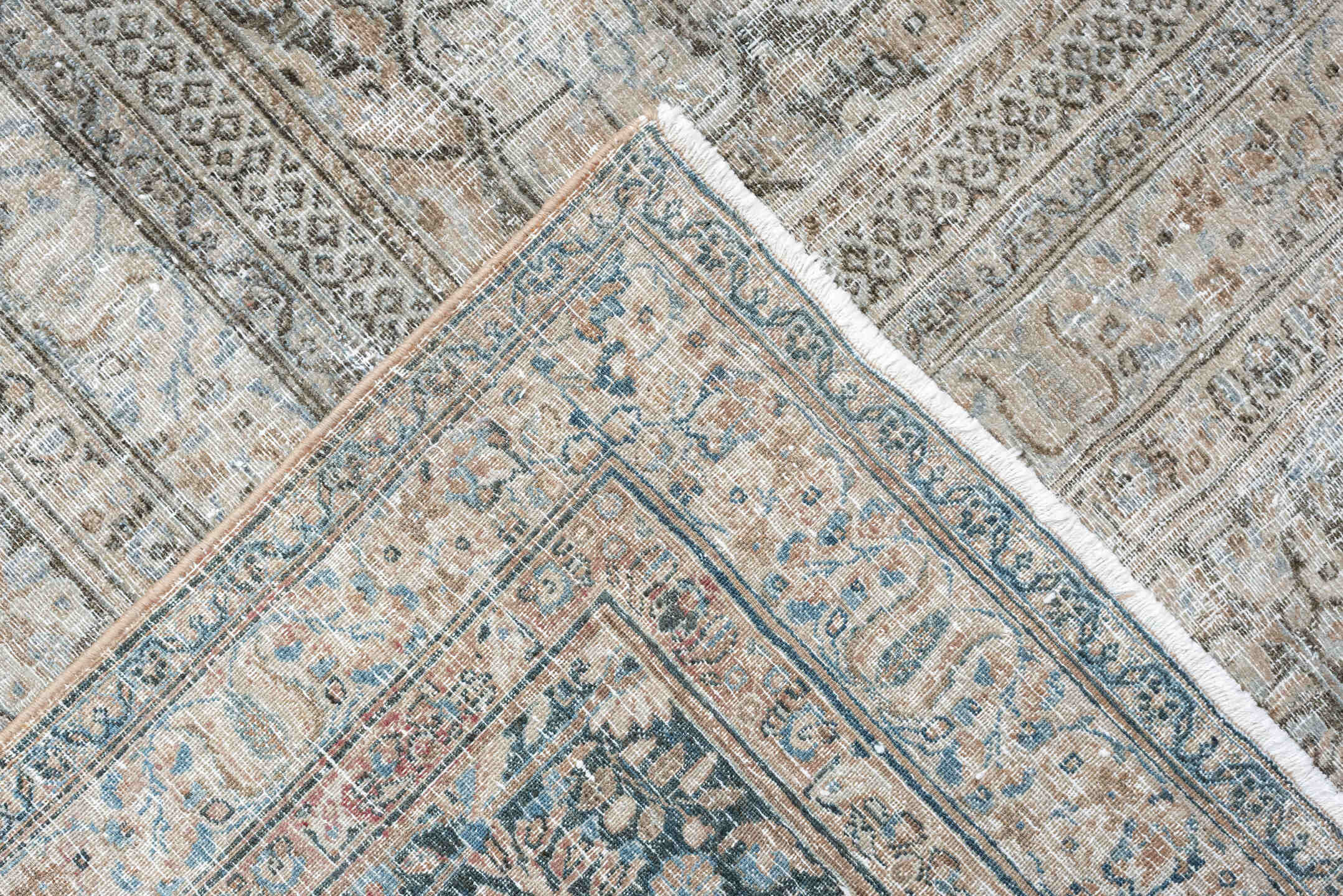 10' x 16' one-of-a-kind handmade antique Khorassan oversize rug. Color palette: ivory, taupe, blue gray, slate, beige, camel