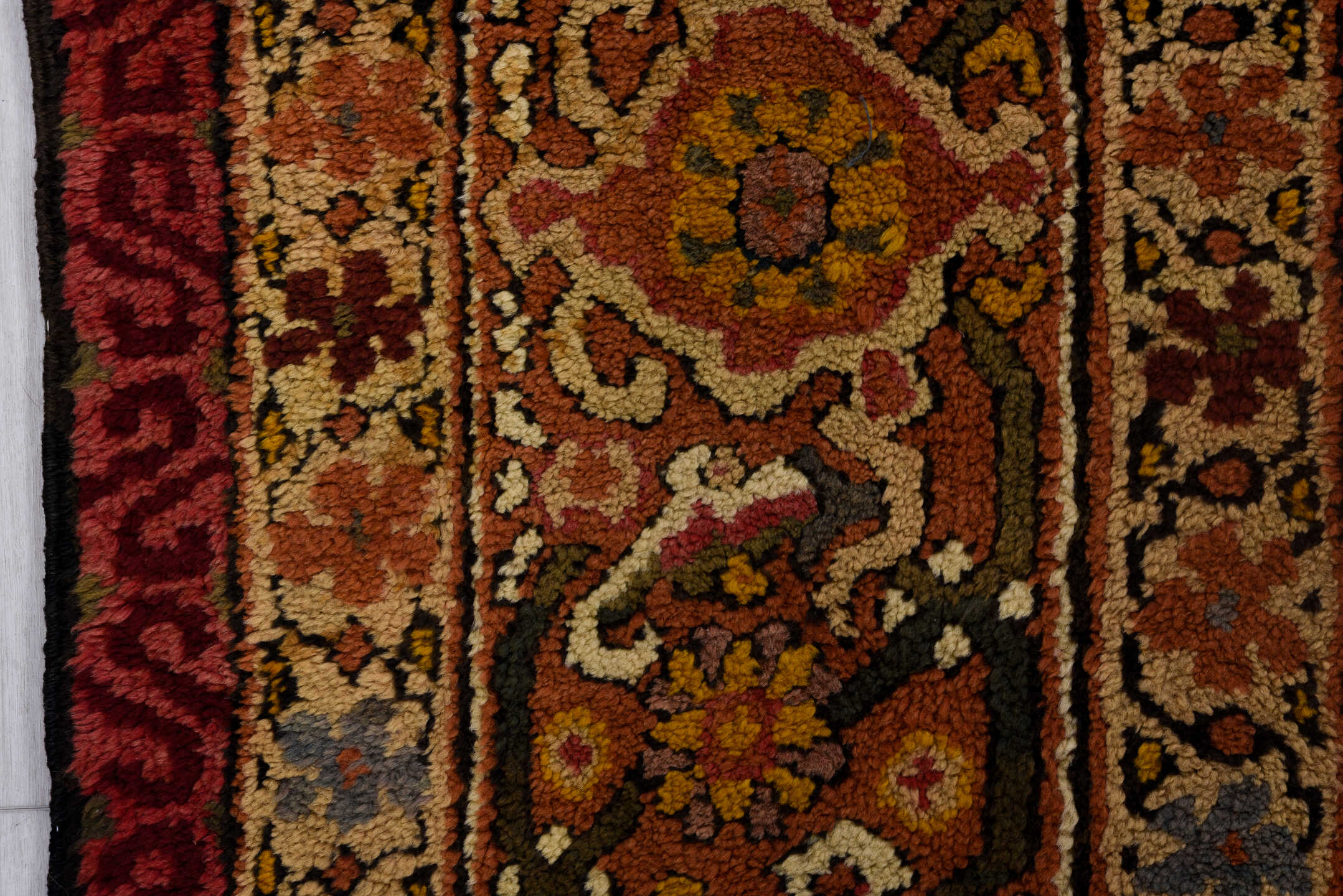 10' x 12' one-of-a-kind handmade vintage European large size rug. Color palette: brown, red, gray, pink, saddle brown