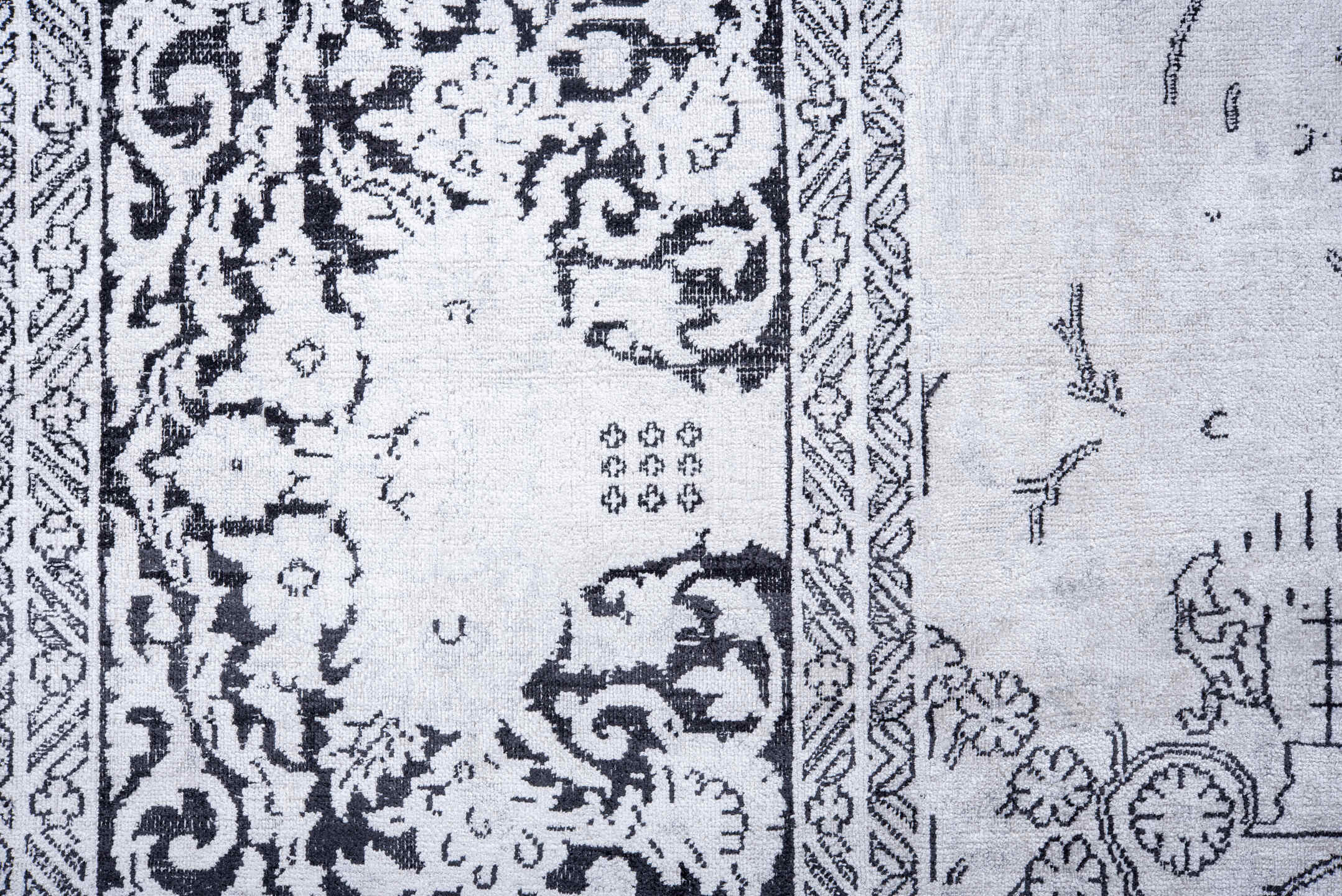 9' x 13' one-of-a-kind handmade vintage Kaisary large size rug. Color palette: alice blue, black, blue, ghost white, gray