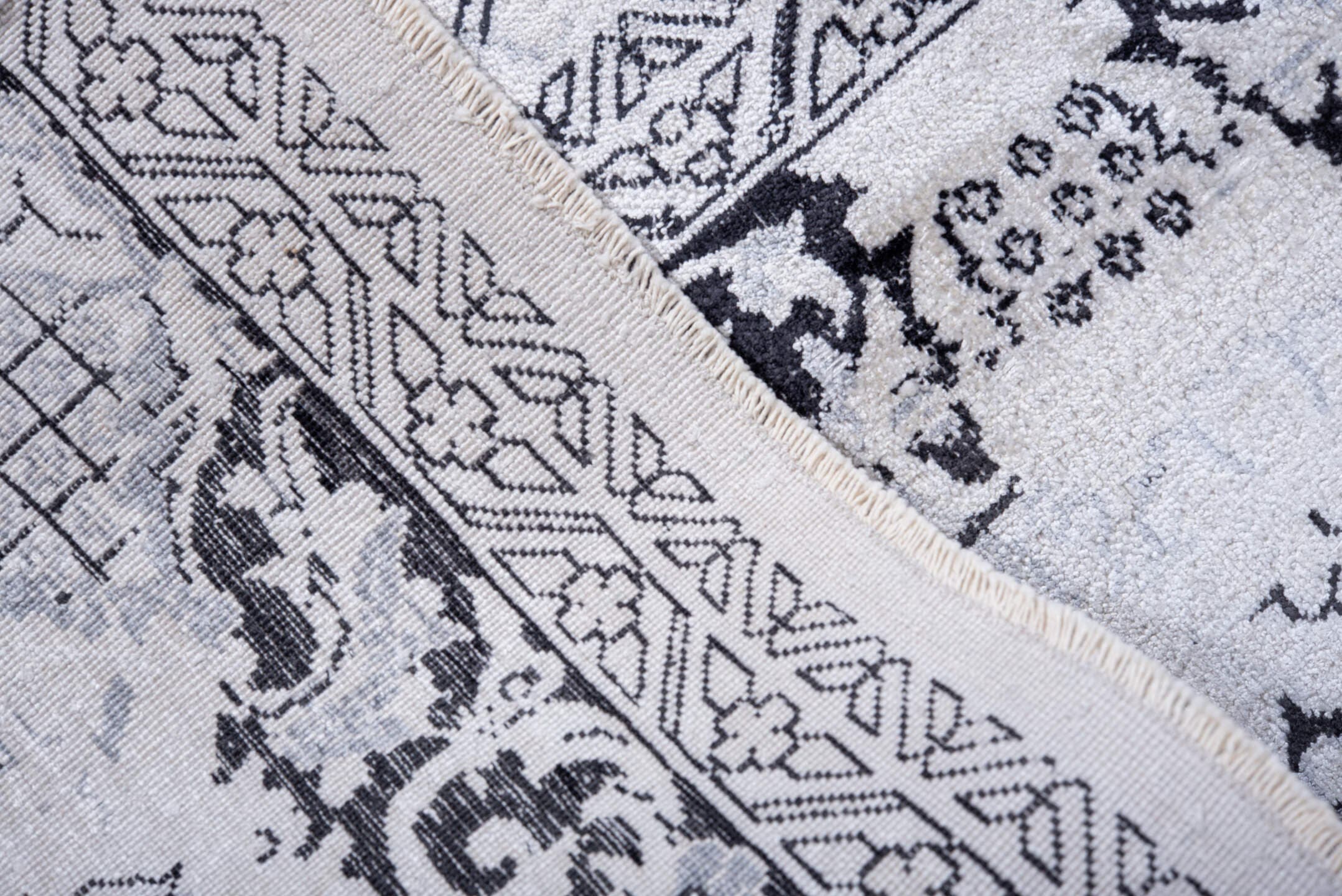 9' x 13' one-of-a-kind handmade vintage Kaisary large size rug. Color palette: ivory, charcoal, slate, silver, gray, black