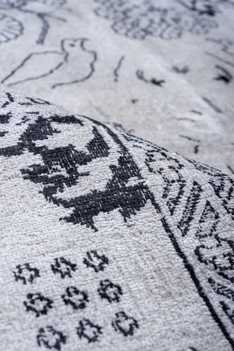 9' x 13' one-of-a-kind handmade vintage Kaisary large size rug. Color palette: ivory, charcoal, slate, silver, gray, black