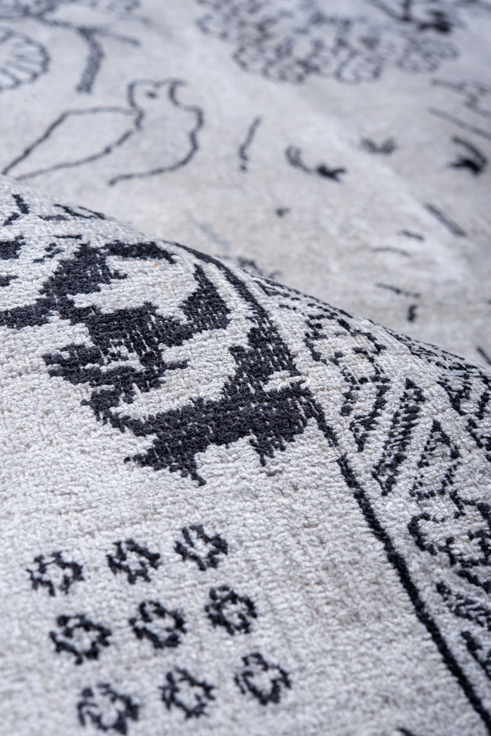 9' x 13' one-of-a-kind handmade vintage Kaisary large size rug. Color palette: ivory, charcoal, slate, silver, gray, black