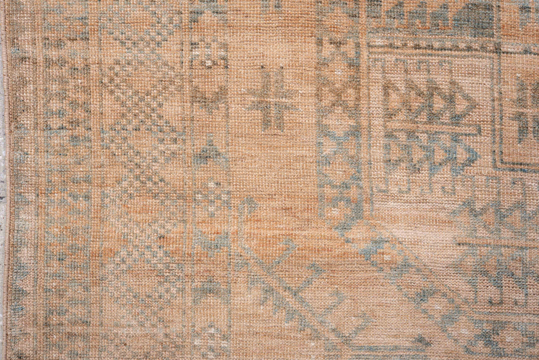 6' x 9' one-of-a-kind handmade antique Afghan medium size rug. Color palette: blush, dusty blue, ivory, taupe, camel, pink