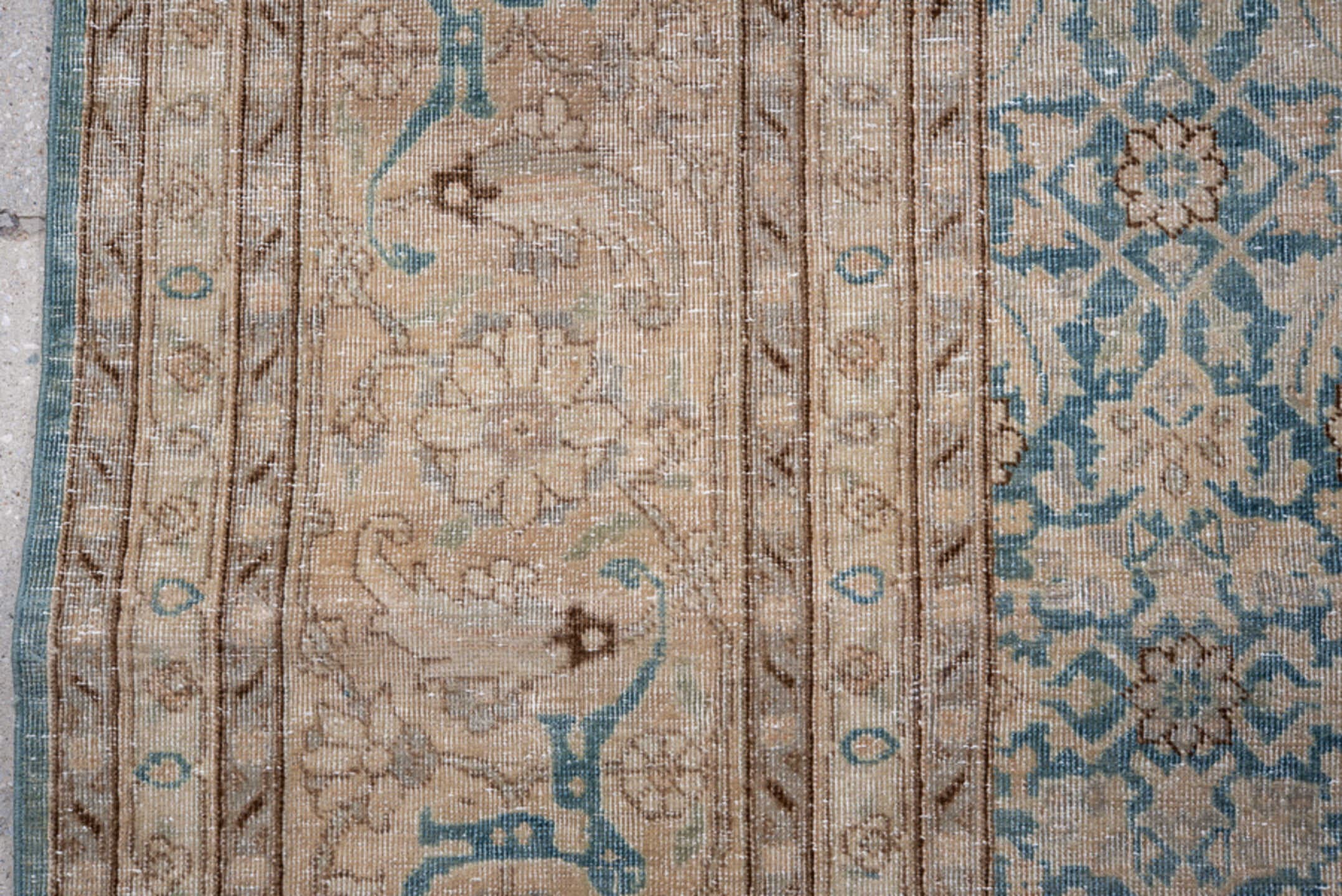 6' x 9' one-of-a-kind handmade antique Tabriz medium size rug. Color palette: ivory, pale blue, taupe, beige, slate, camel
