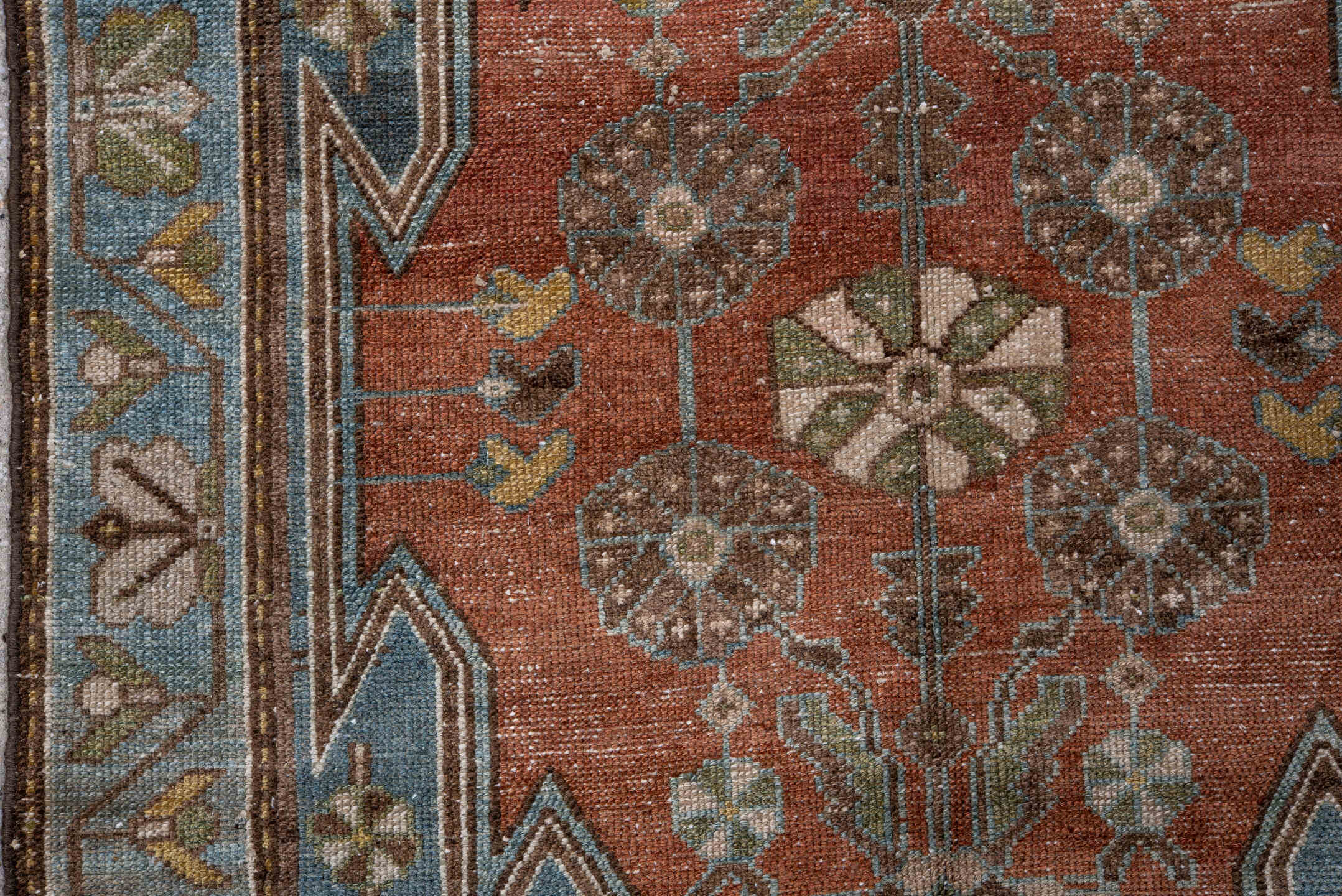 2' x 4' one-of-a-kind handmade vintage Malayer small size rug. Color palette: terra cotta, sky blue, ivory, olive, brown