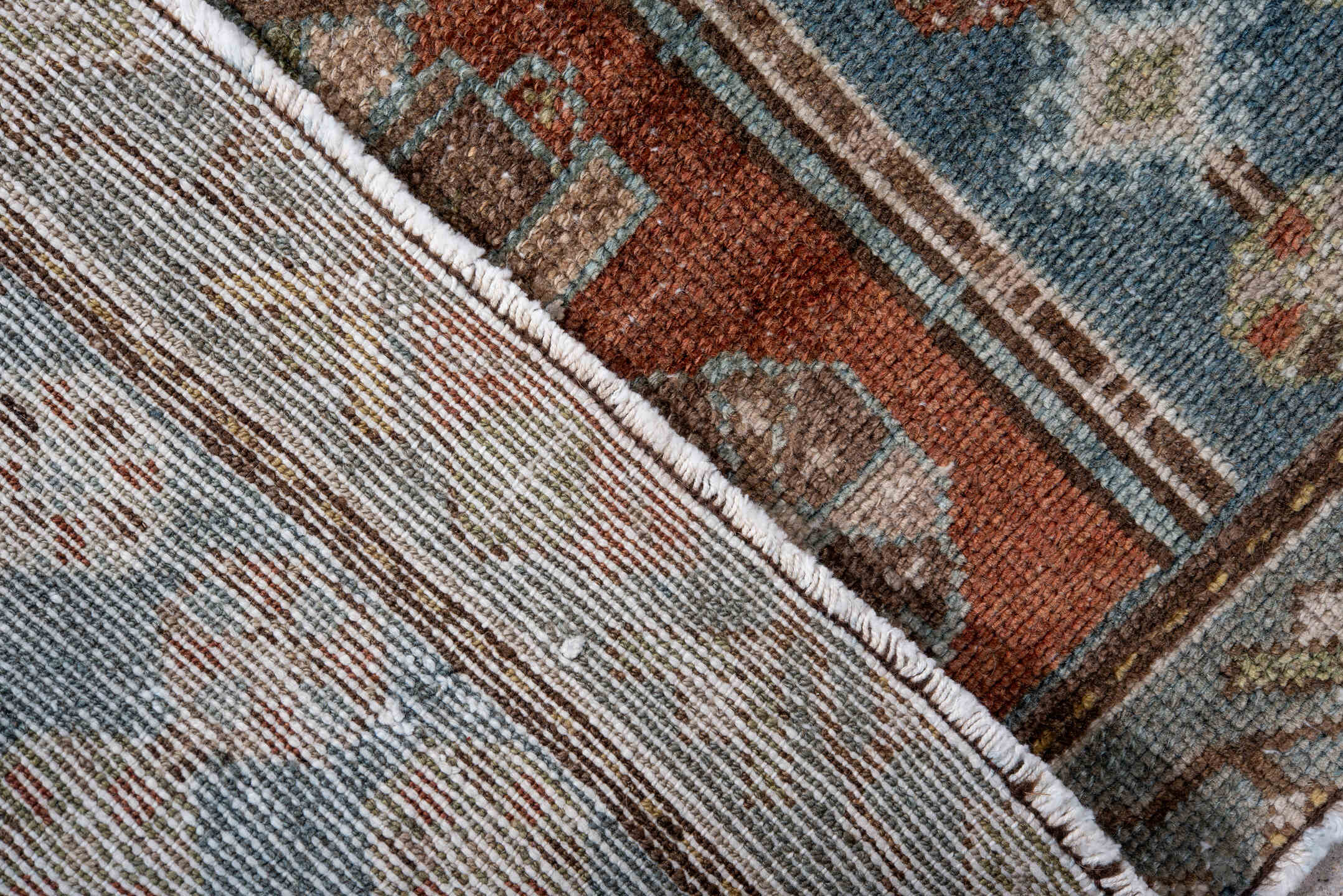 2' x 4' one-of-a-kind handmade vintage Malayer small size rug. Color palette: terra cotta, sky blue, ivory, olive, brown