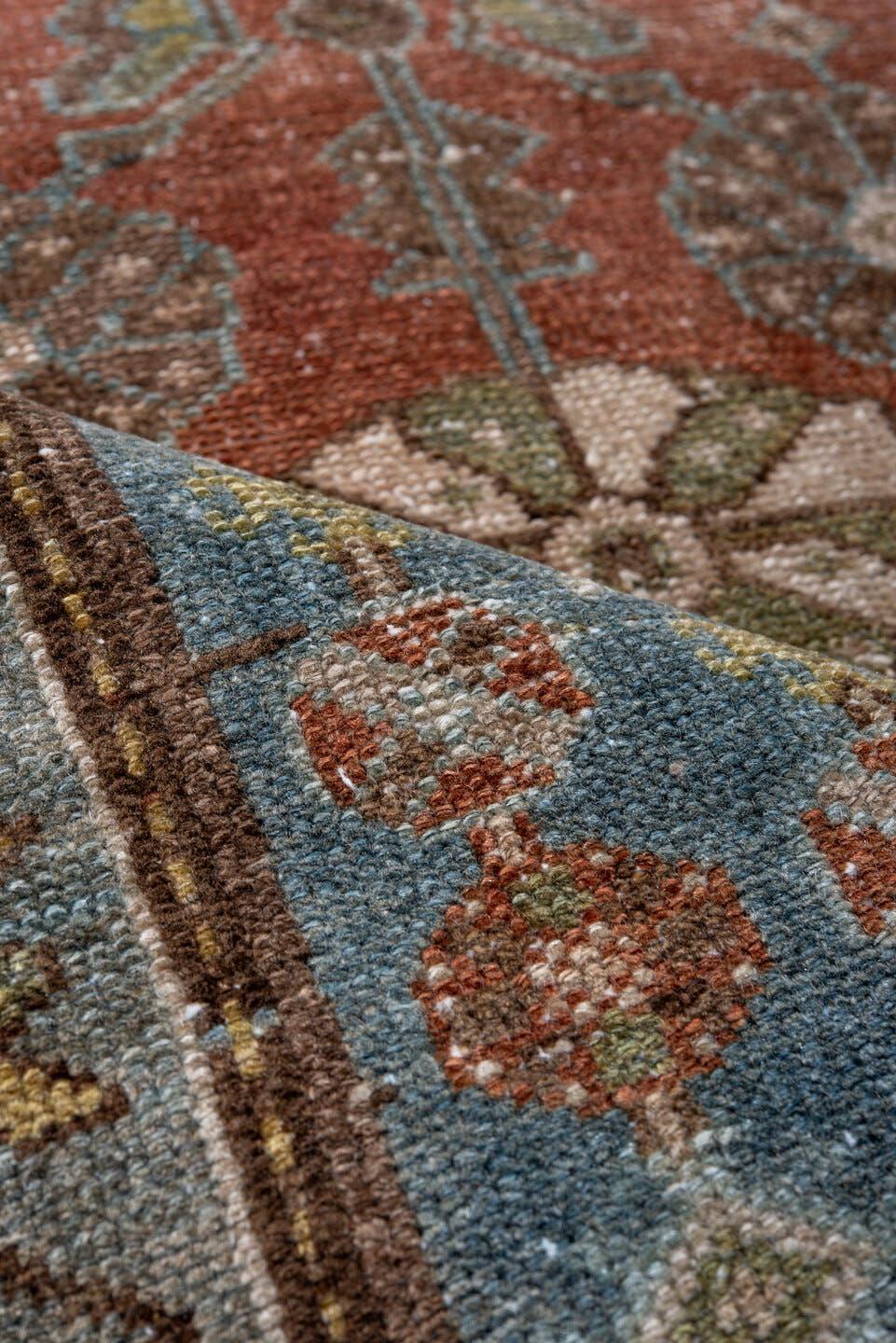 2' x 4' one-of-a-kind handmade vintage Malayer small size rug. Color palette: terra cotta, sky blue, ivory, olive, brown