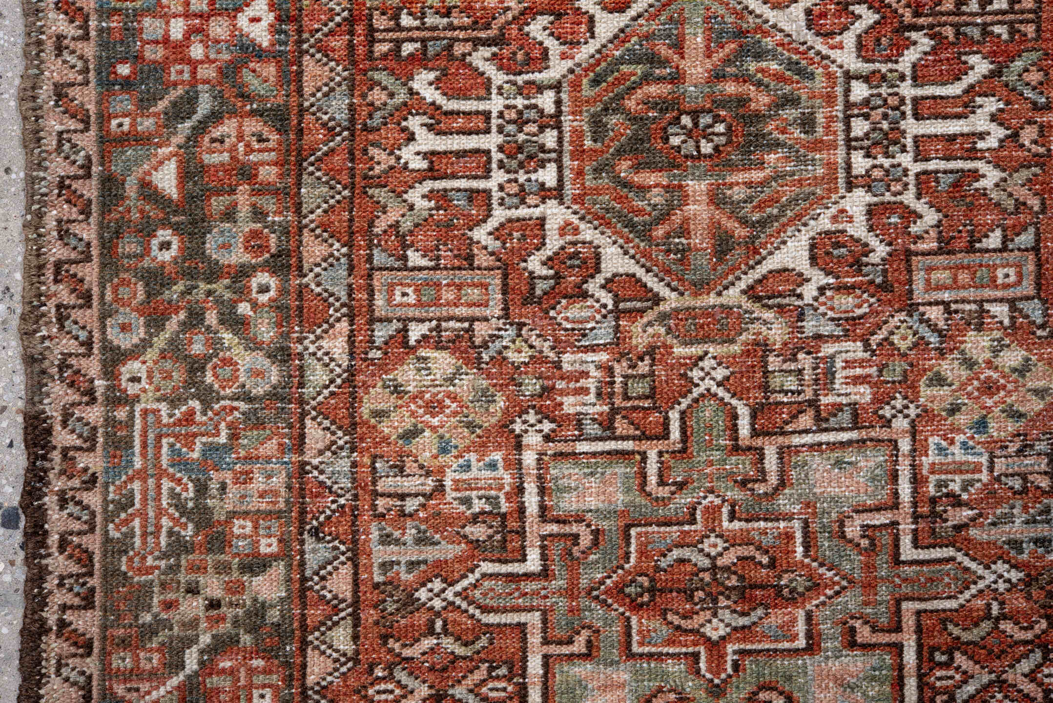 2' x 3' one-of-a-kind handmade antique Karaje small size rug. Color palette: rust, charcoal, ivory, sage, terra cotta, taupe