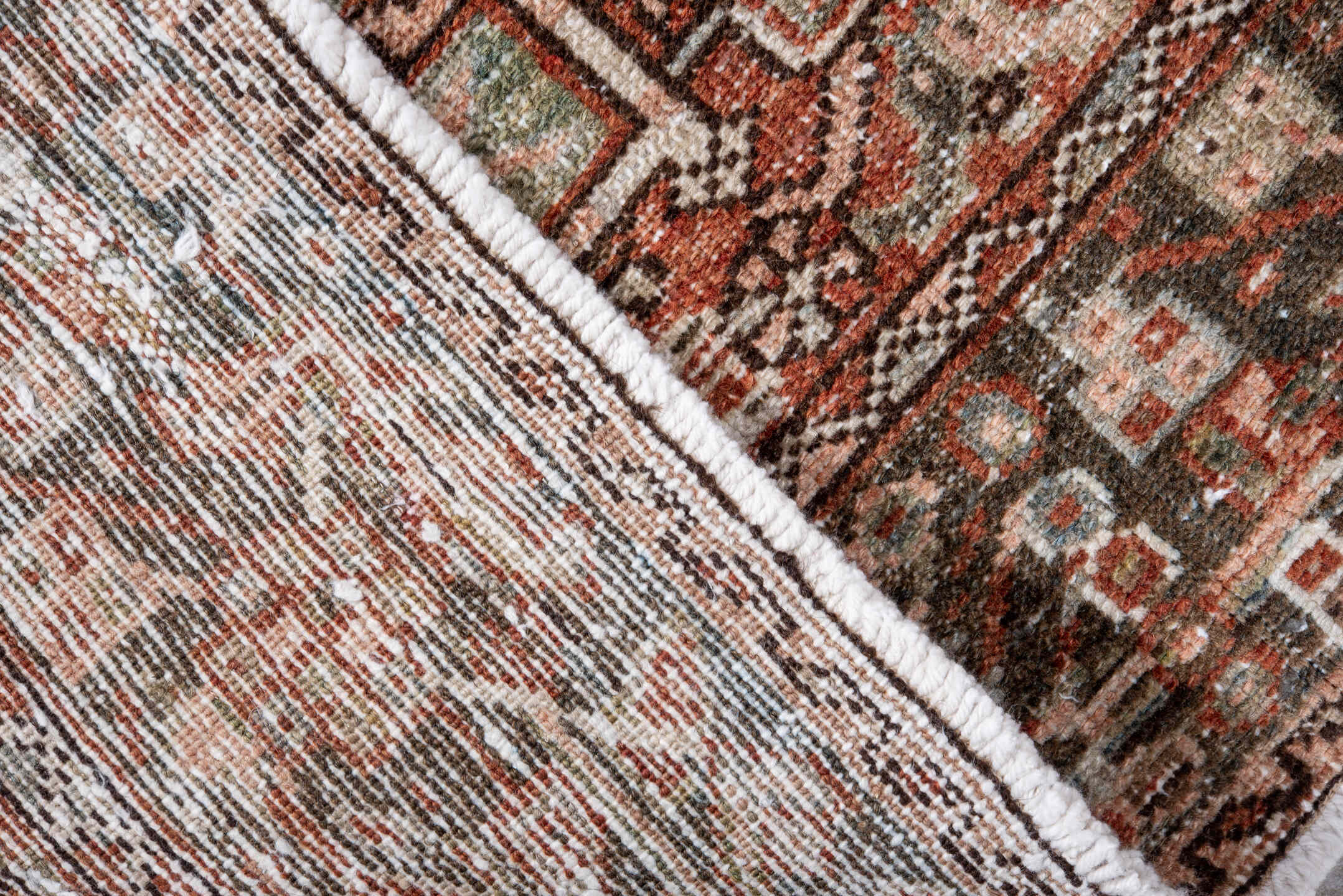 2' x 3' one-of-a-kind handmade antique Karaje small size rug. Color palette: rust, charcoal, ivory, sage, terra cotta, taupe