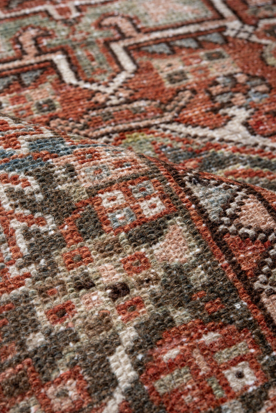 2' x 3' one-of-a-kind handmade antique Karaje small size rug. Color palette: rust, charcoal, ivory, sage, terra cotta, taupe