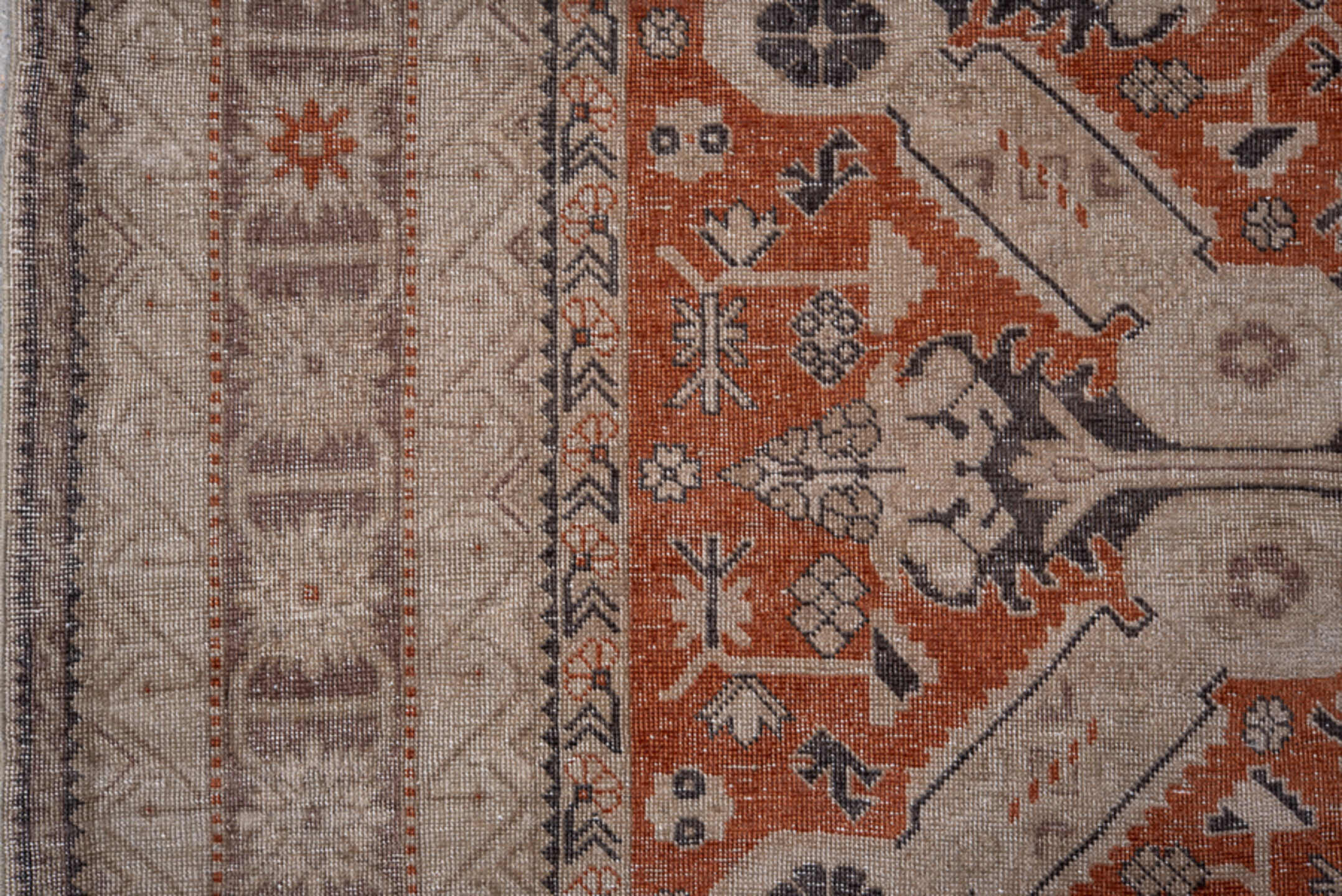 4' x 6' one-of-a-kind handmade vintage Irvan small size rug. Color palette: ivory, terra cotta, taupe, charcoal, brown, rust