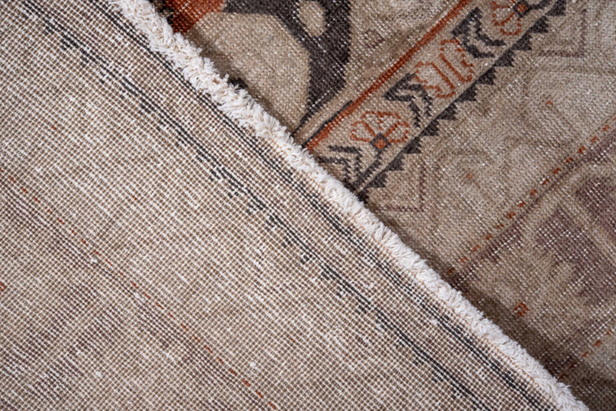 4' x 6' one-of-a-kind handmade vintage Irvan small size rug. Color palette: ivory, terra cotta, taupe, charcoal, brown, rust