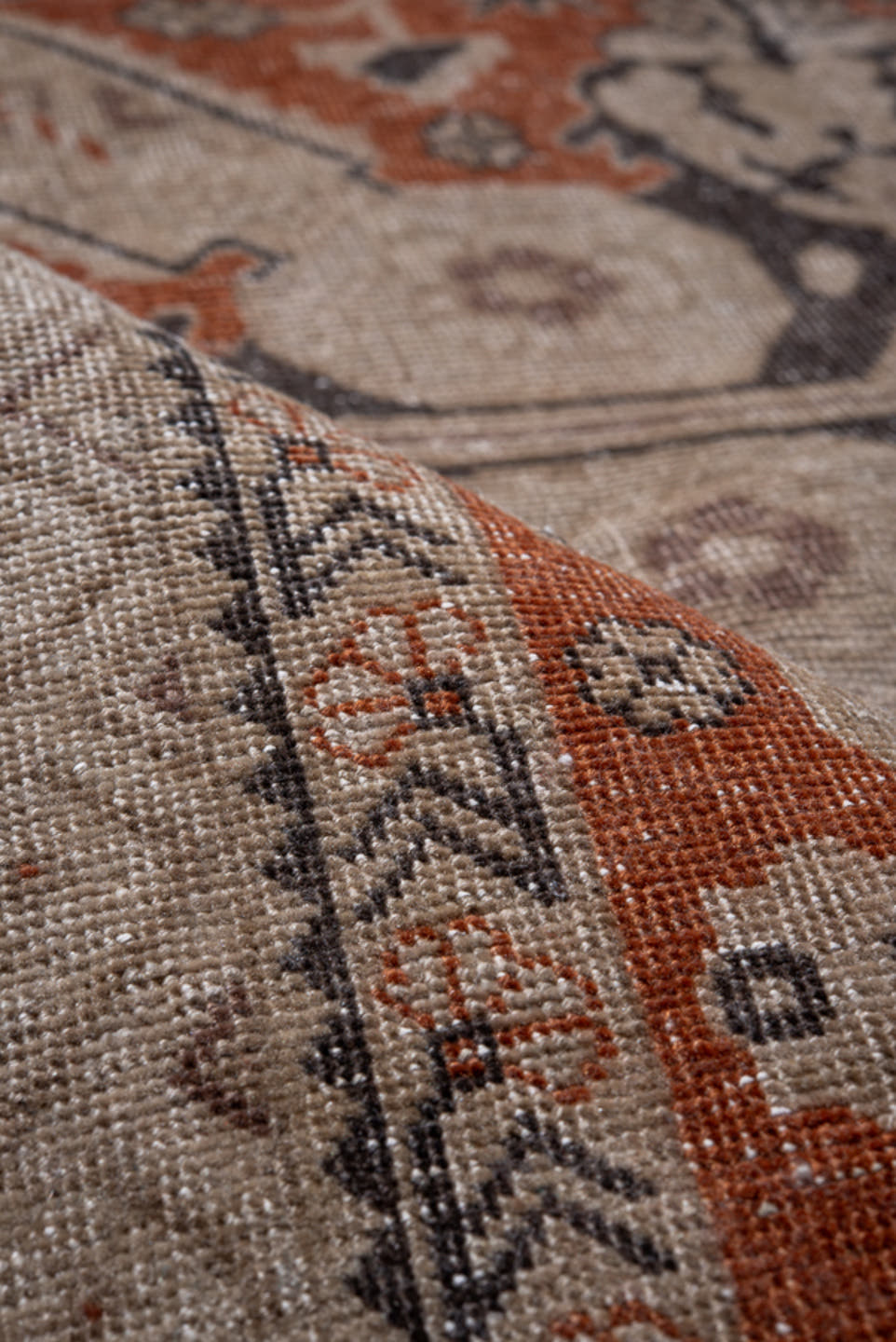 4' x 6' one-of-a-kind handmade vintage Irvan small size rug. Color palette: ivory, terra cotta, taupe, charcoal, brown, rust