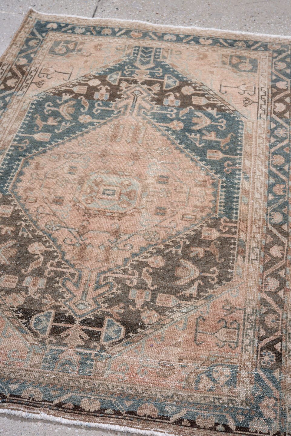 2' x 4' one-of-a-kind handmade vintage Hamadan small size rug. Color palette: blue, brown, dark gray, dim gray, gray