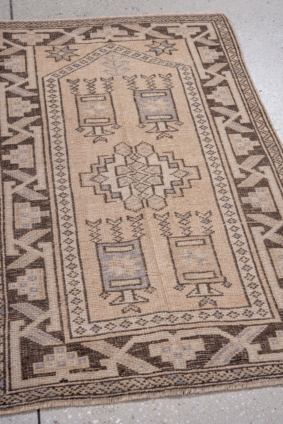 2' x 4' one-of-a-kind handmade antique Oushak small size rug. Color palette: ivory, taupe, brown, pale blue, beige, gray
