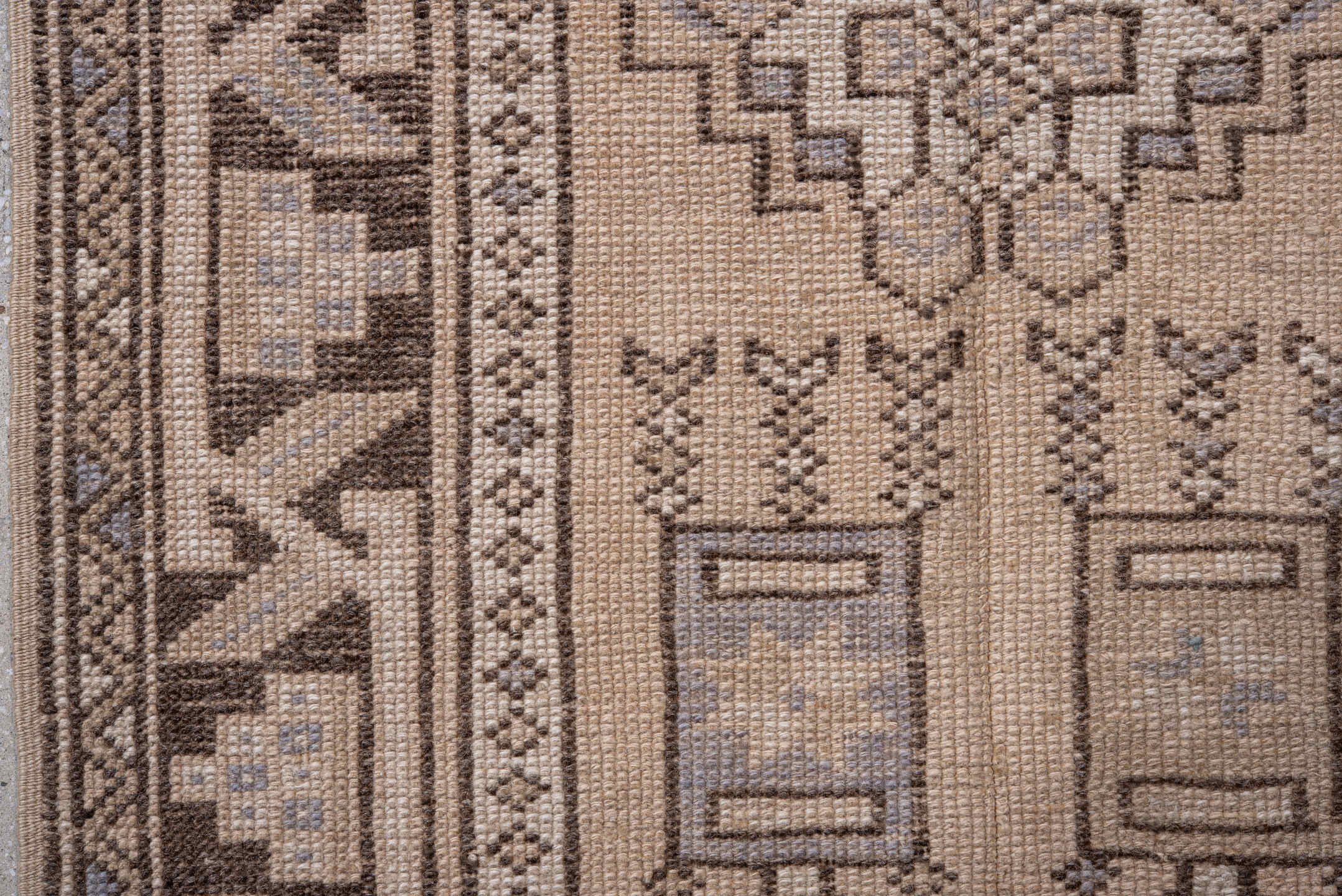 2' x 4' one-of-a-kind handmade antique Oushak small size rug. Color palette: ivory, taupe, brown, pale blue, beige, gray