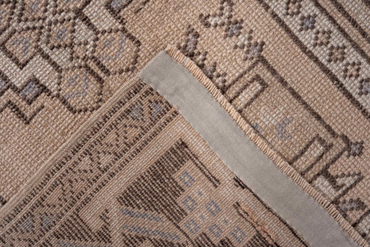 2' x 4' one-of-a-kind handmade antique Oushak small size rug. Color palette: ivory, taupe, brown, pale blue, beige, gray