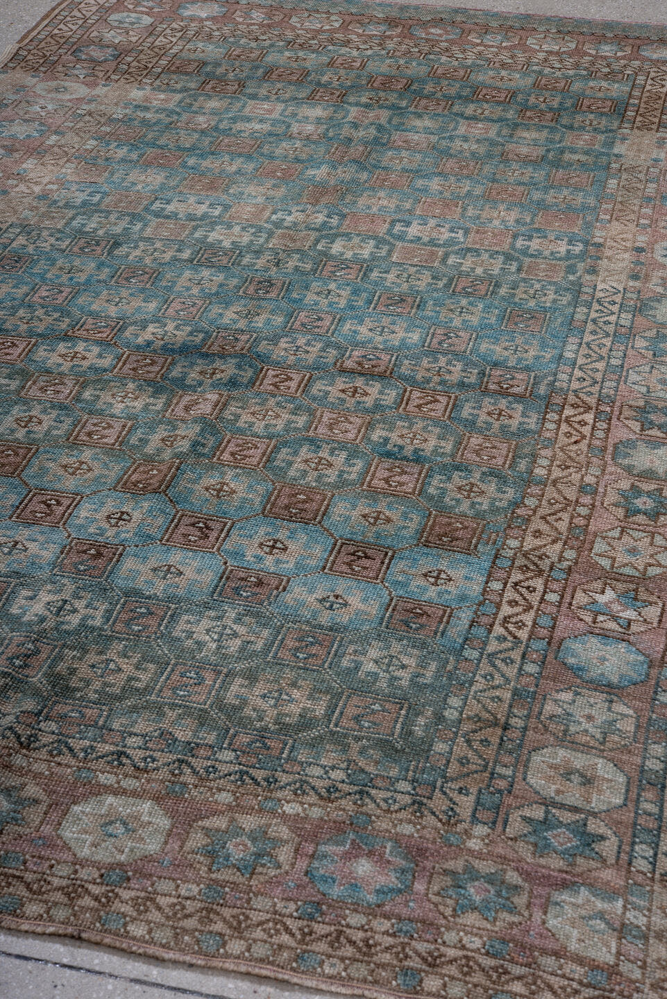 5' x 8' one-of-a-kind handmade antique Oushak medium size rug. Color palette: turquoise, blush, ivory, brown, taupe, slate
