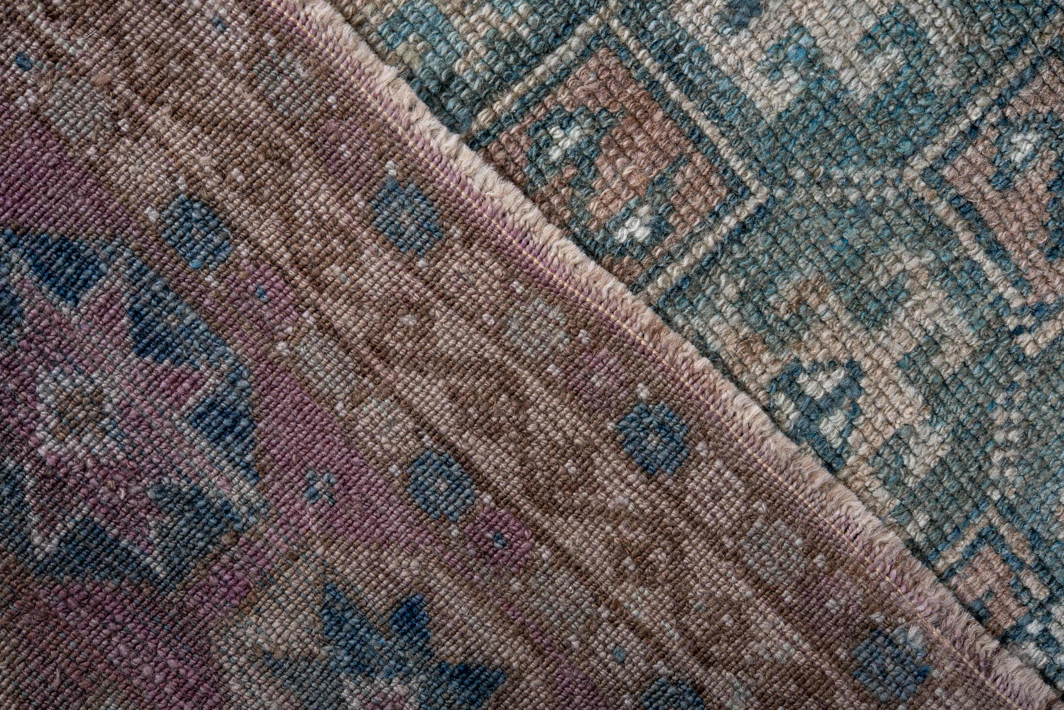 5' x 8' one-of-a-kind handmade antique Oushak medium size rug. Color palette: turquoise, blush, ivory, brown, taupe, slate