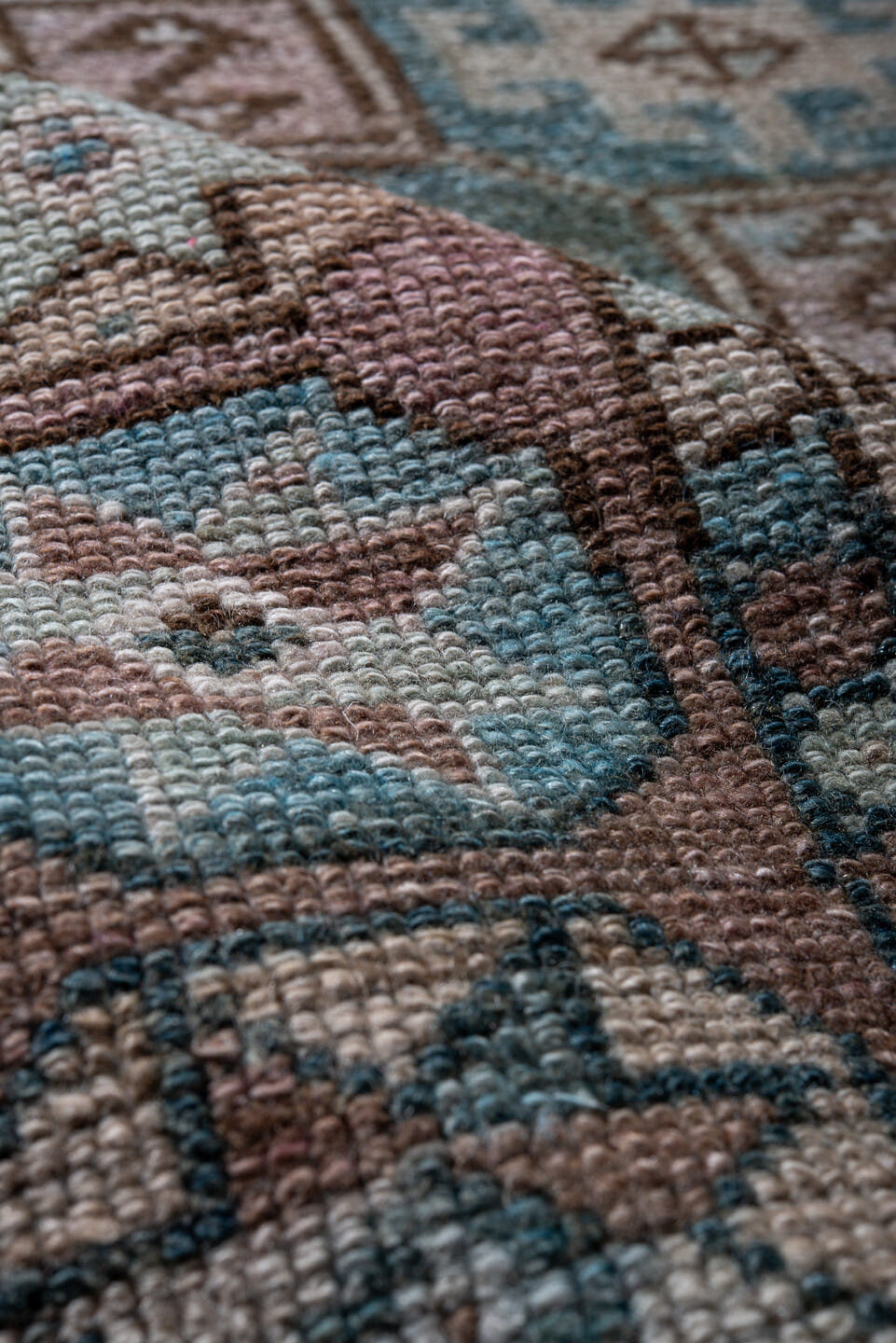 5' x 8' one-of-a-kind handmade antique Oushak medium size rug. Color palette: turquoise, blush, ivory, brown, taupe, slate