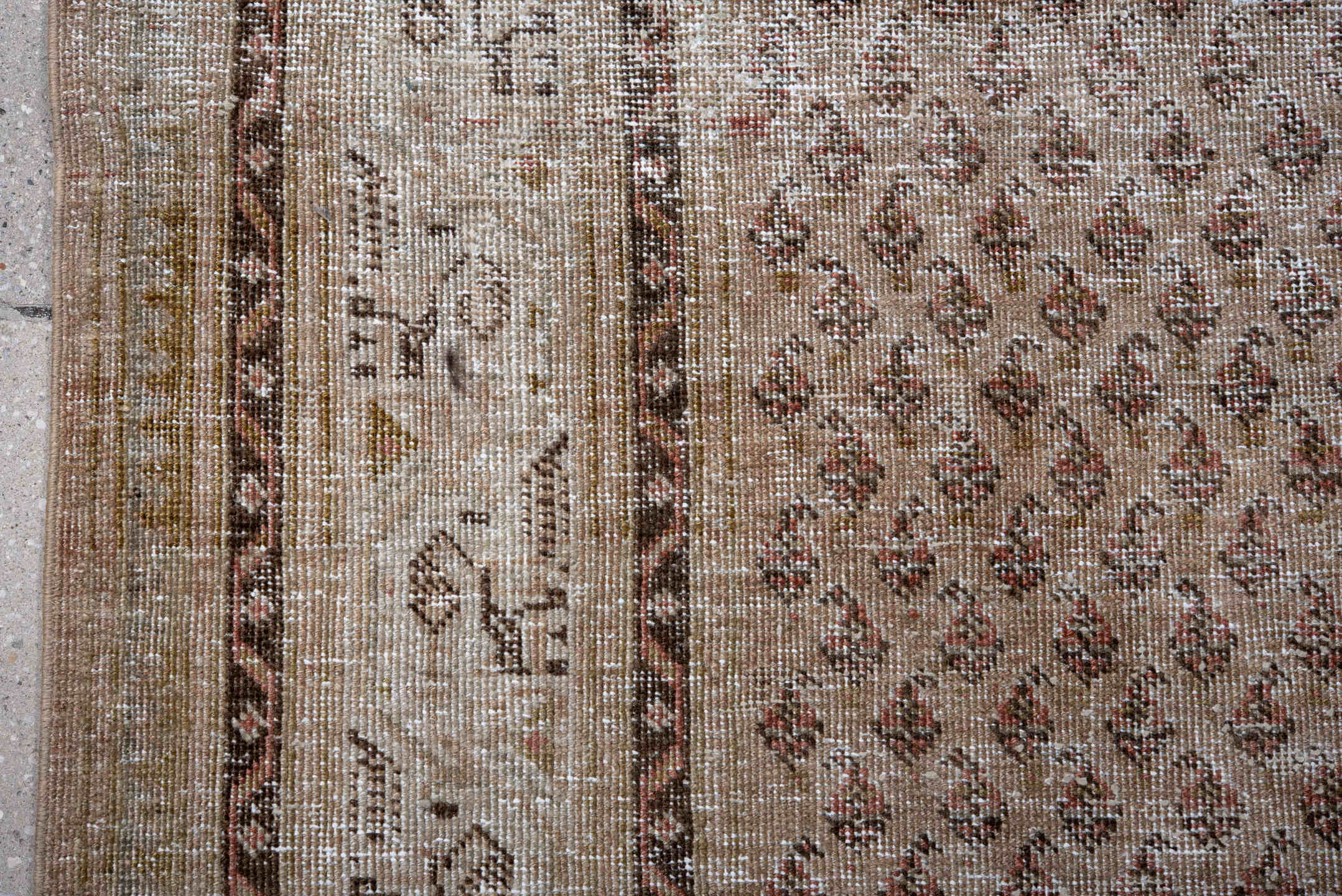 5' x 8' one-of-a-kind handmade antique Saraband medium size rug. Color palette: taupe, ivory, brown, charcoal, beige, gray