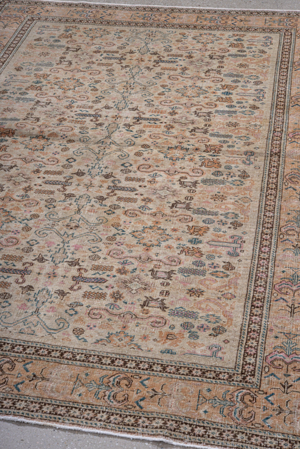 5' x 7' one-of-a-kind handmade antique Kaisary rug. Color palette: ivory, blush, taupe, pale blue, brown, camel, charcoal