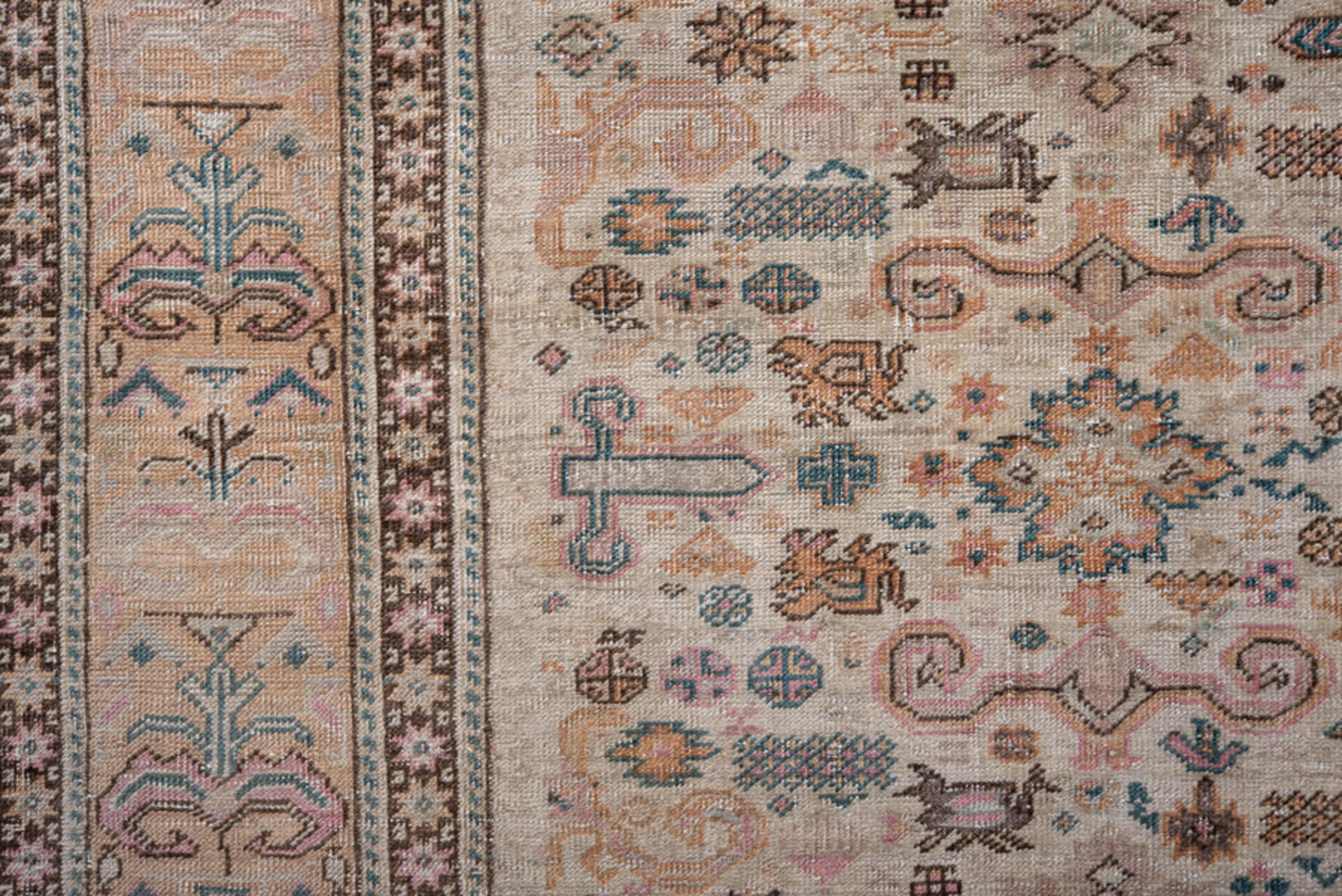 5' x 7' one-of-a-kind handmade antique Kaisary rug. Color palette: ivory, blush, taupe, pale blue, brown, camel, charcoal