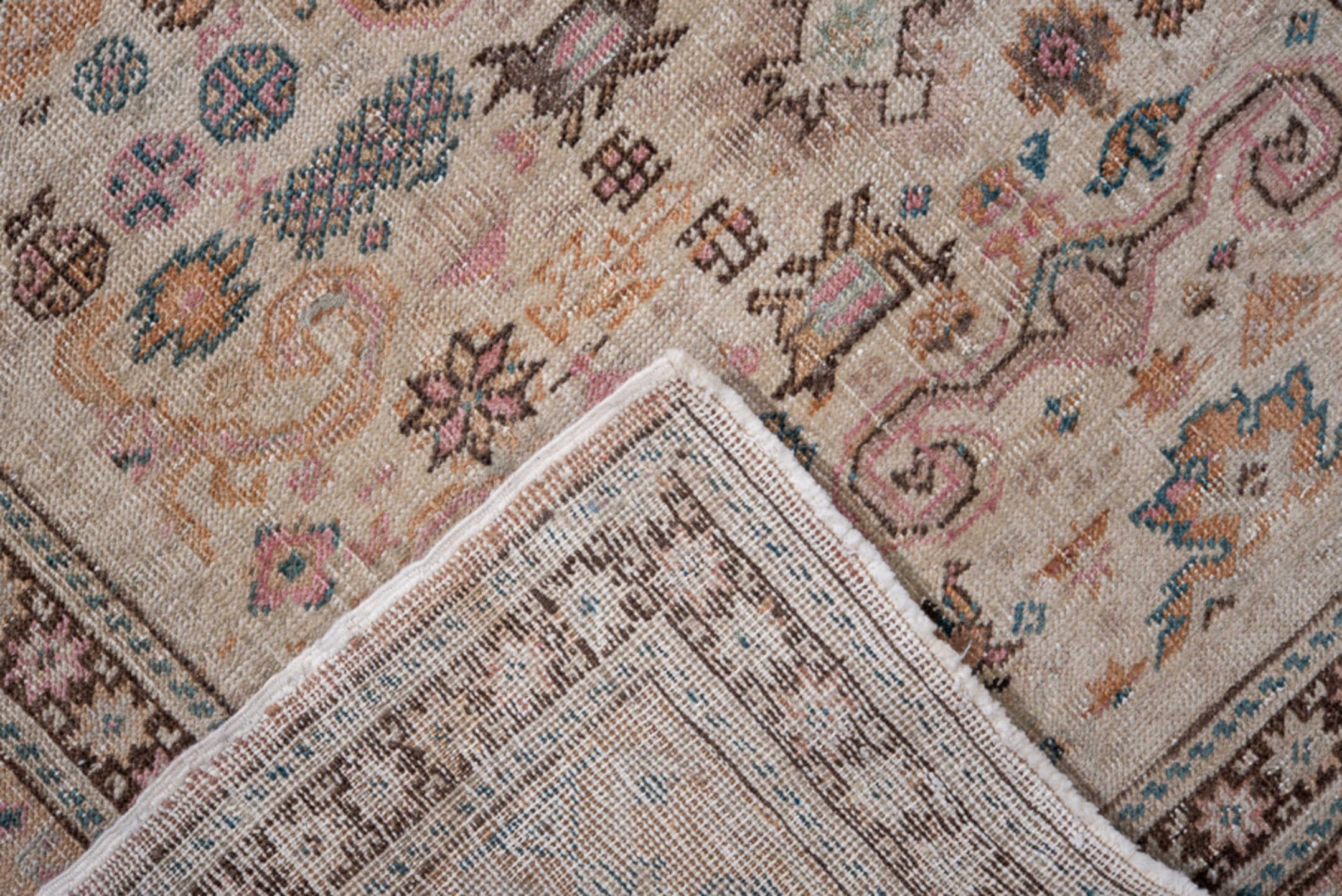 5' x 7' one-of-a-kind handmade antique Kaisary rug. Color palette: ivory, blush, taupe, pale blue, brown, camel, charcoal