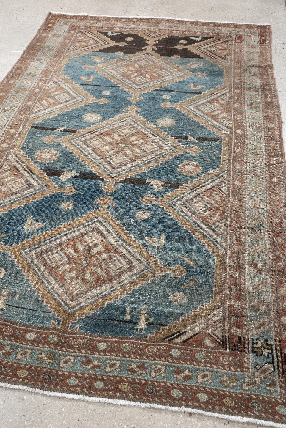 4' x 6' one-of-a-kind handmade antique Hamadan rug. Color palette: blue, terra cotta, ivory, taupe, charcoal, camel