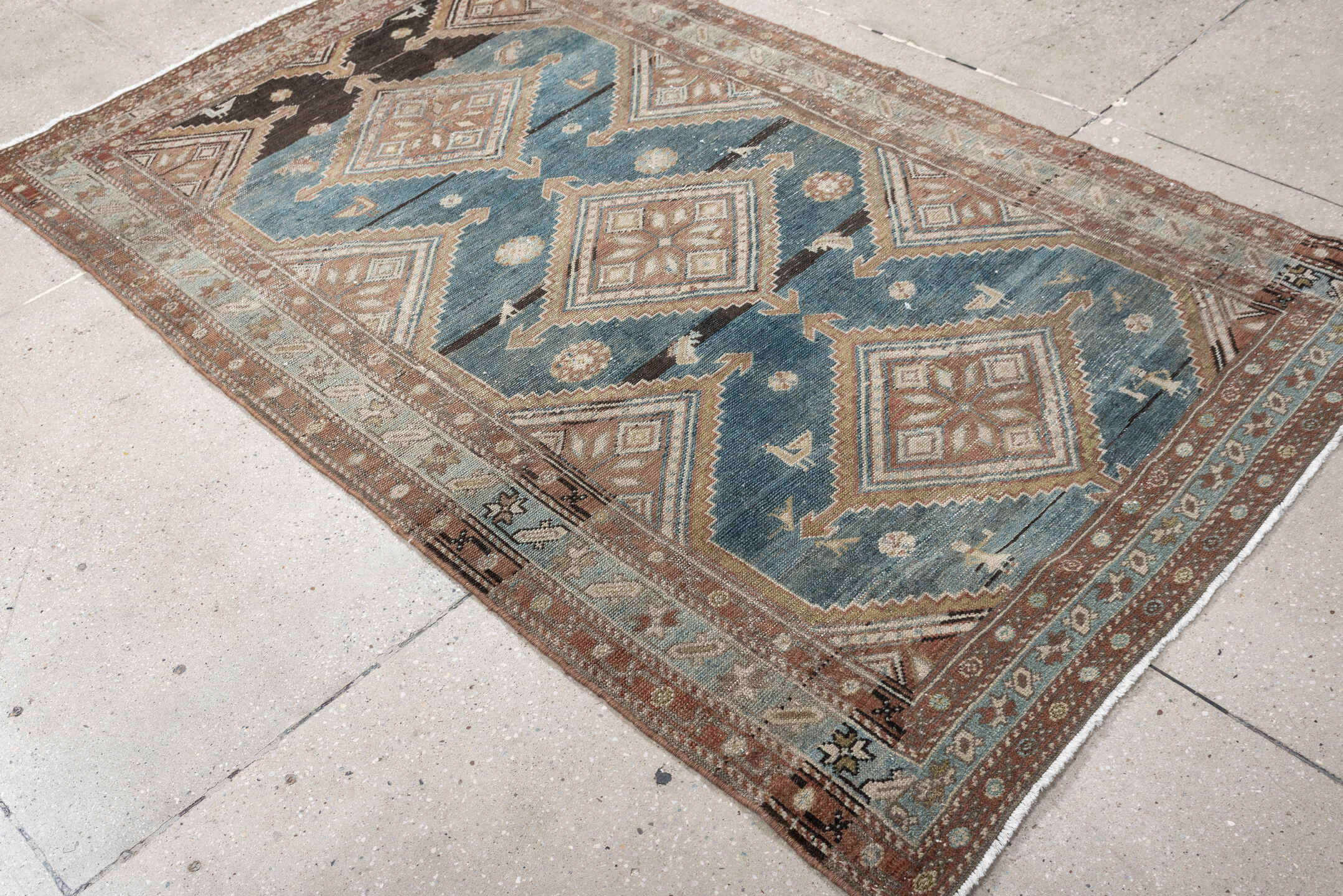 4' x 6' one-of-a-kind handmade antique Hamadan rug. Color palette: blue, terra cotta, ivory, taupe, charcoal, camel