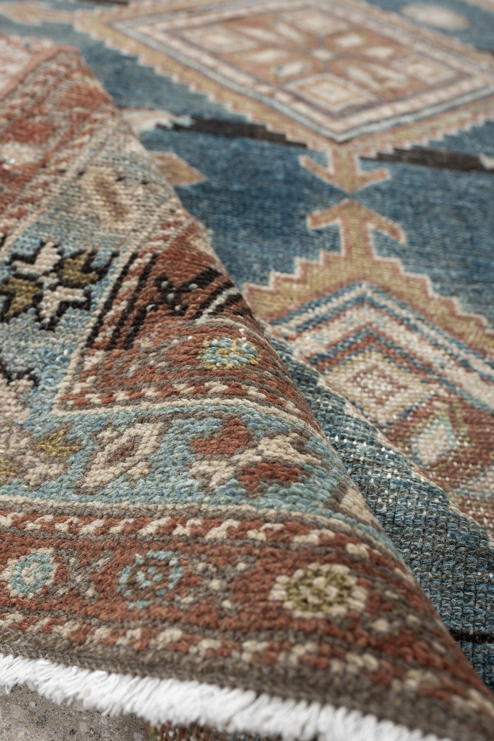 4' x 6' one-of-a-kind handmade antique Hamadan rug. Color palette: blue, terra cotta, ivory, taupe, charcoal, camel